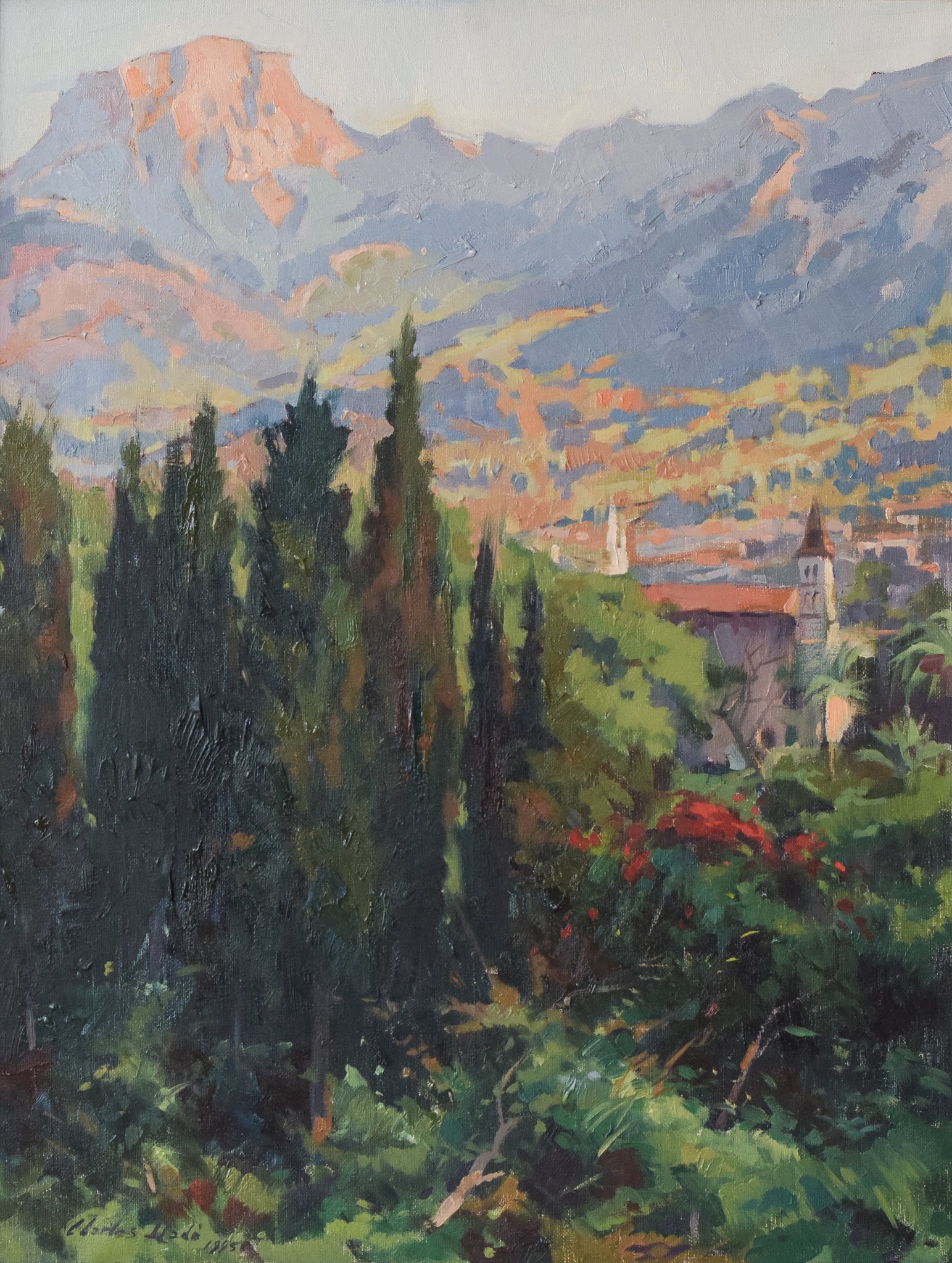 A painting of a landscape with trees and mountains in the background.