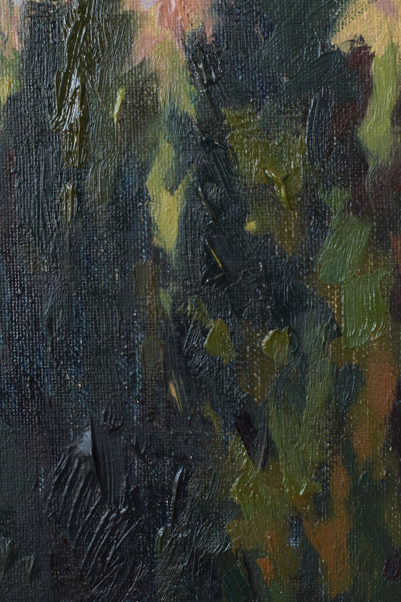 A painting of a landscape with trees and mountains in the background.