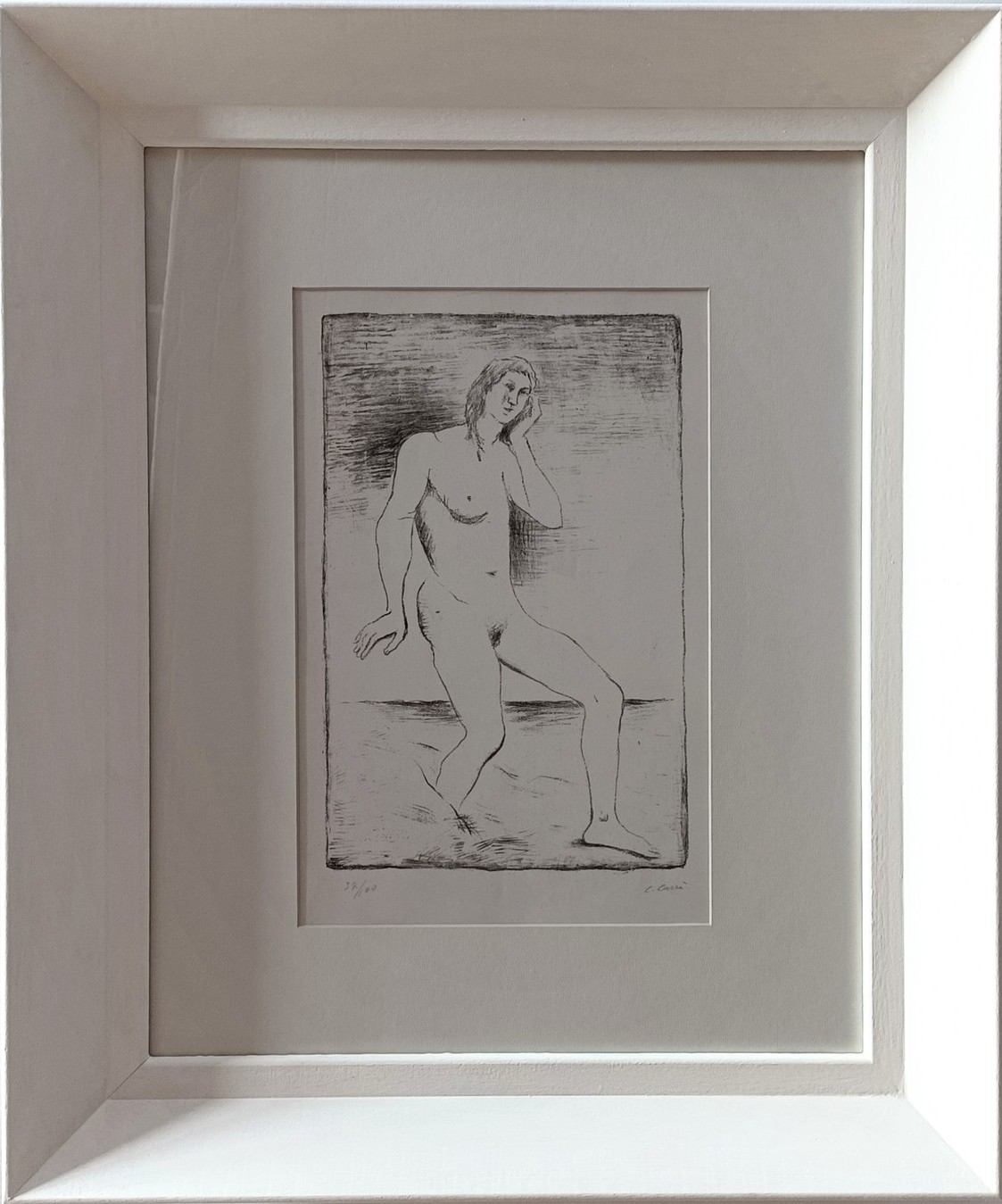 A black and white drawing of a nude woman in a white frame.