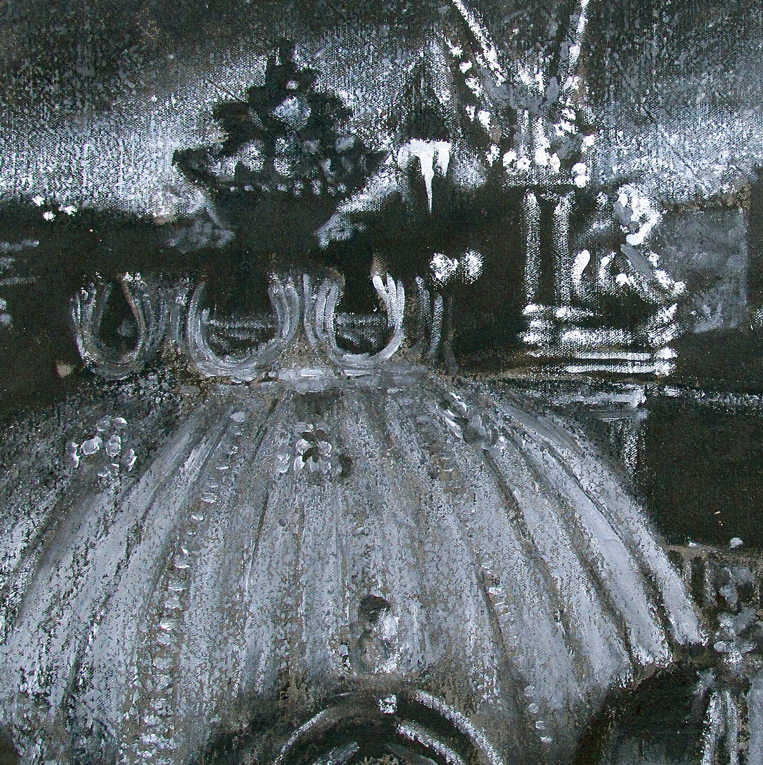 A black and white painting of a fountain in a church.