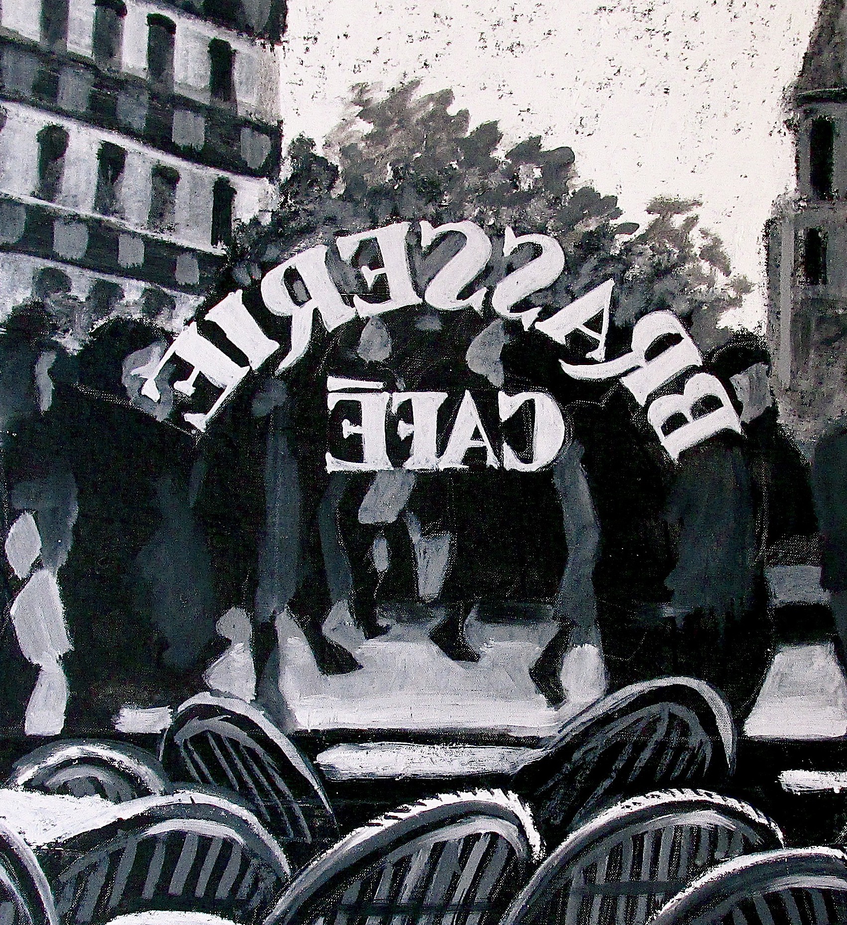 A black and white painting of a group of people walking down a street.