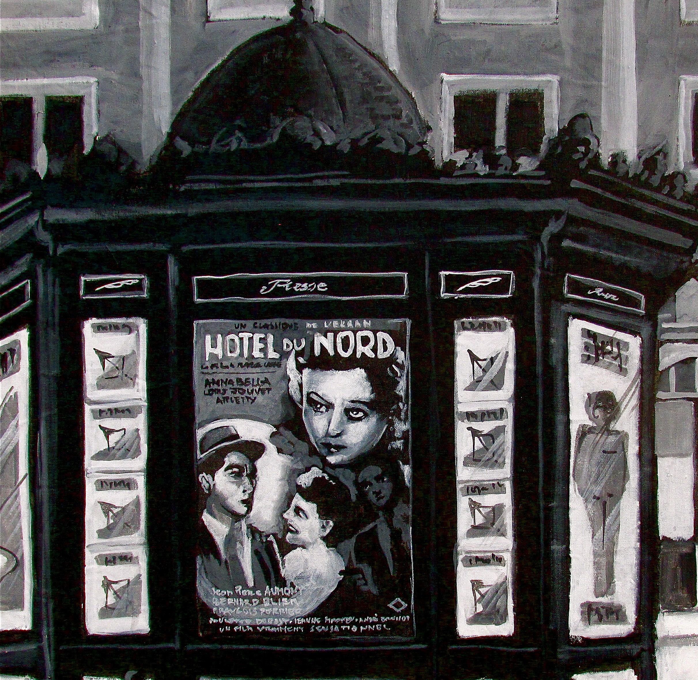 A black and white painting of a movie theater.