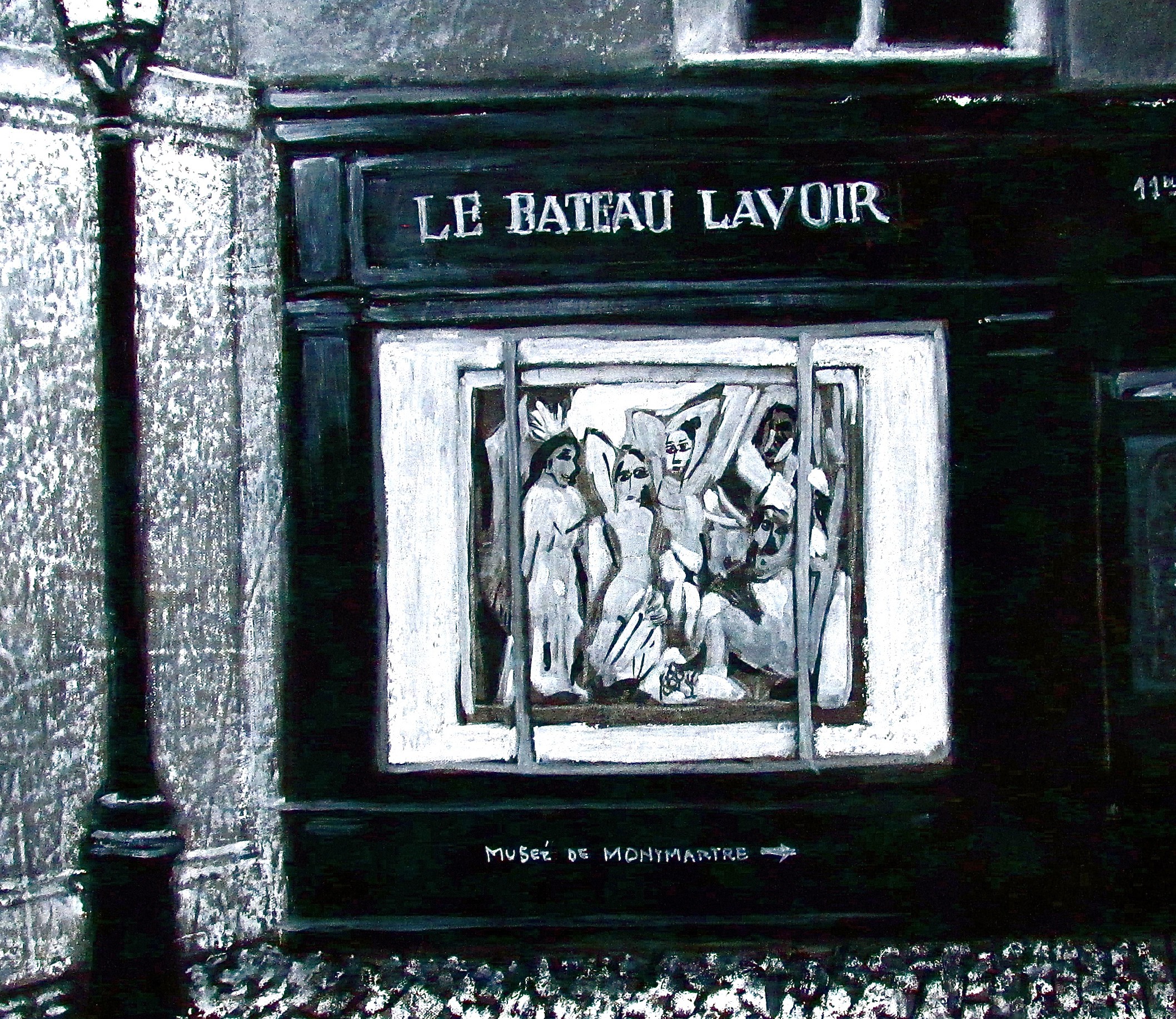 A black and white painting of a building with a window.