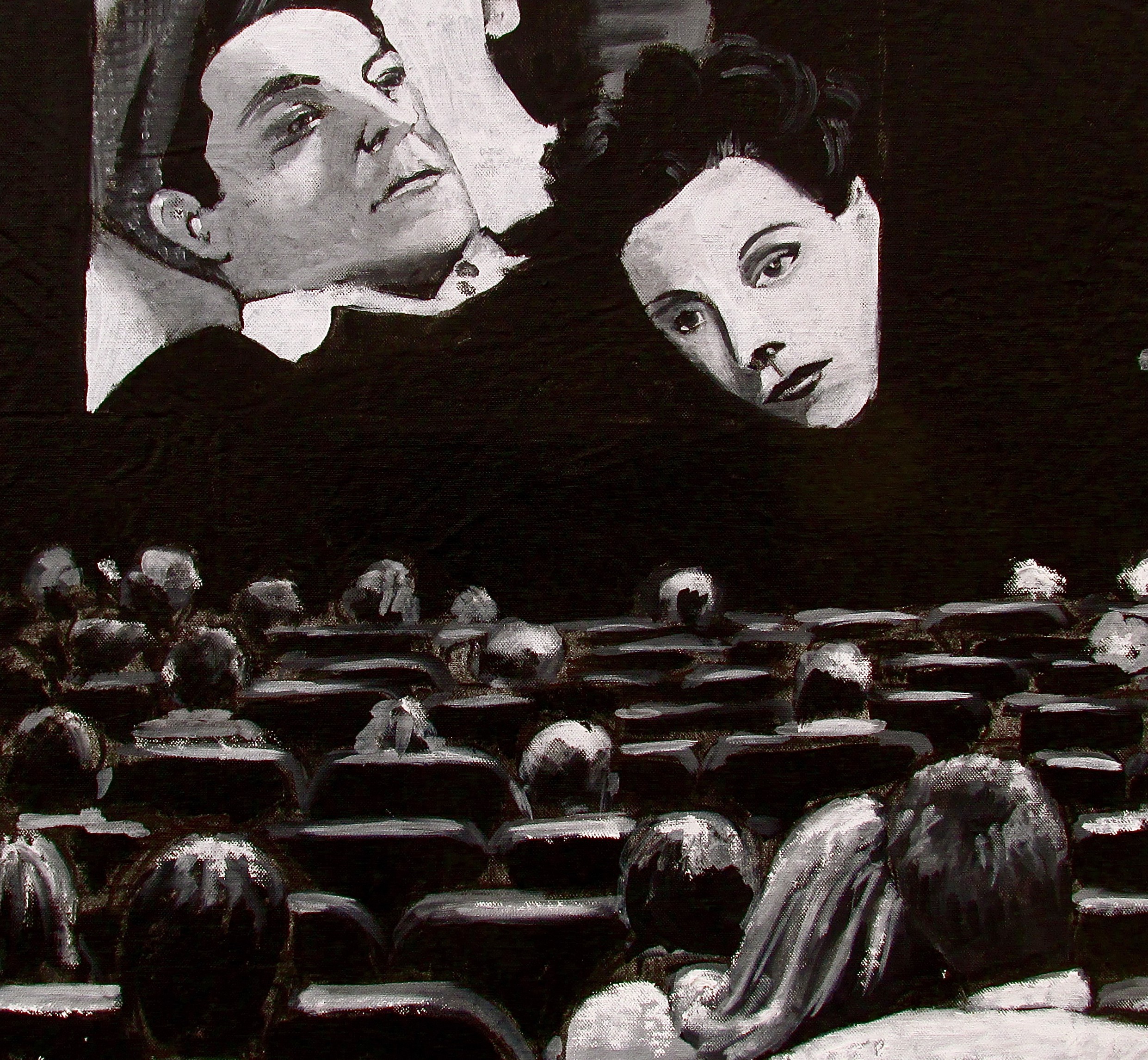 A black and white painting of a man and woman in an auditorium.