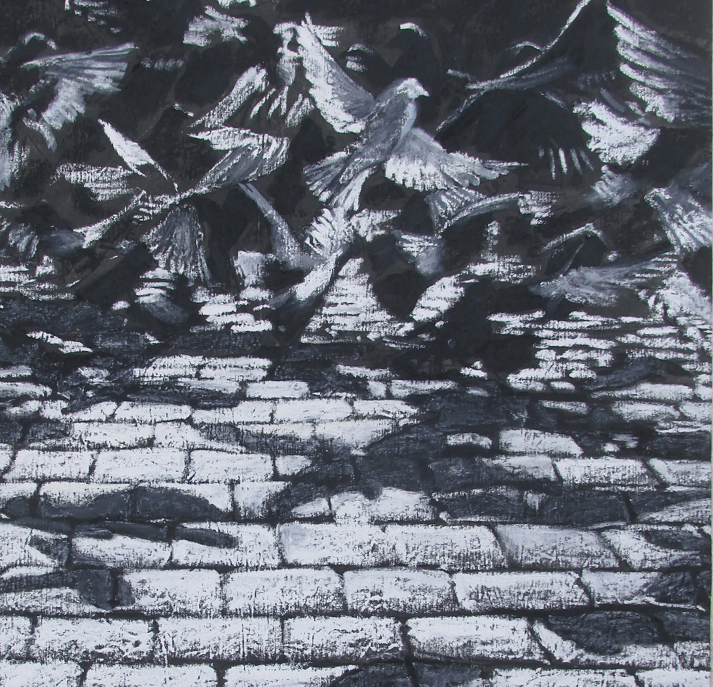 A black and white drawing of a flock of birds flying over a brick wall.