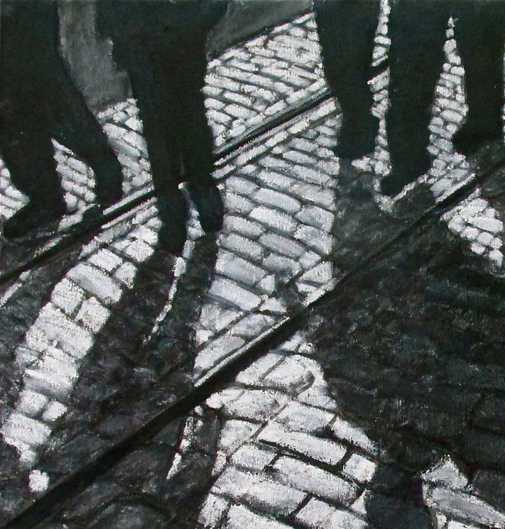 A painting of people walking down a cobblestone street.