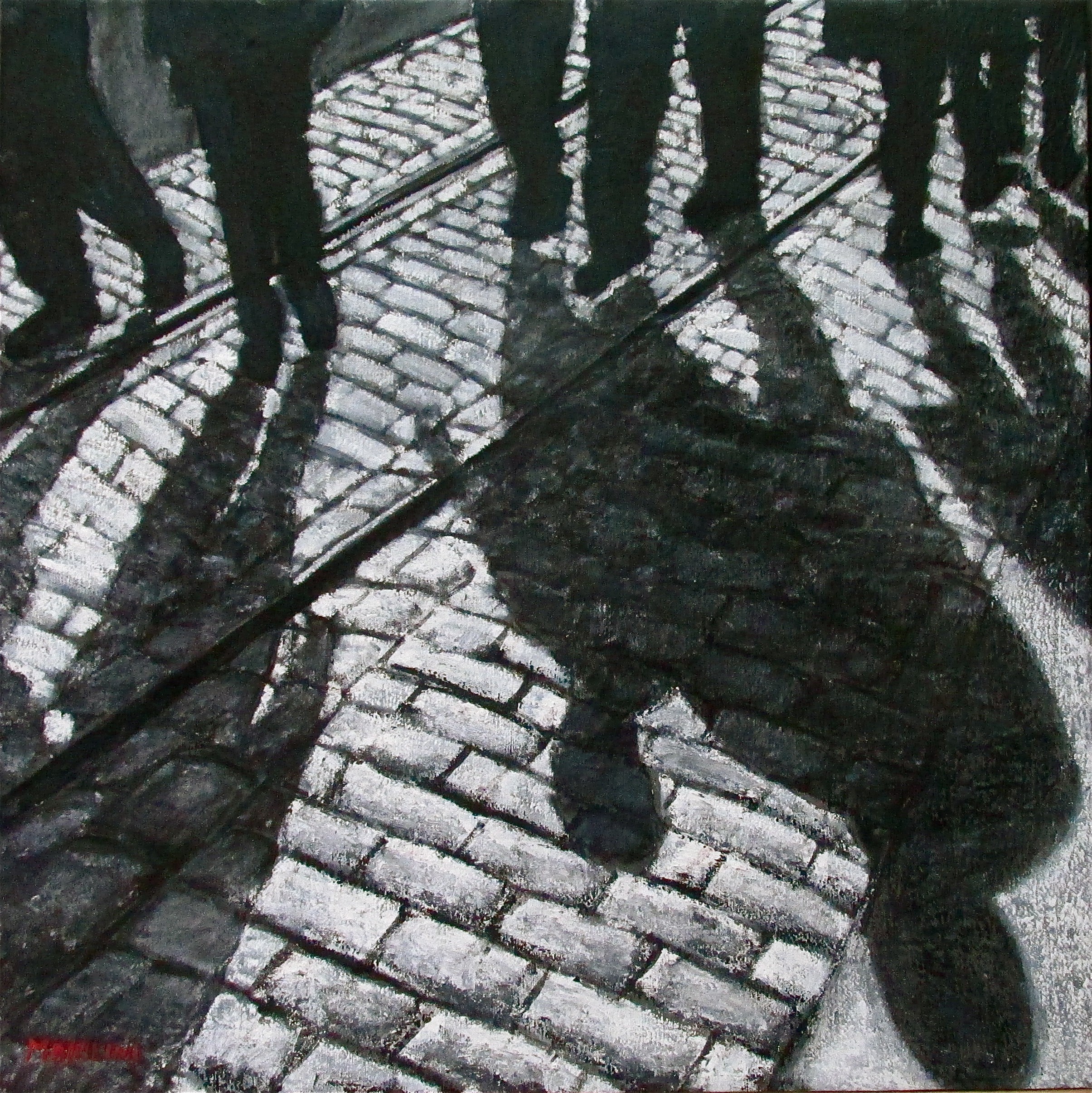 A painting of people walking down a cobblestone street.