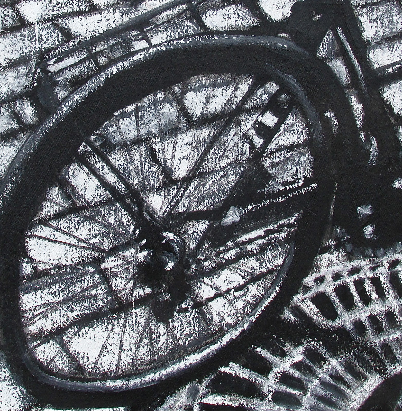 A black and white drawing of a bicycle wheel.