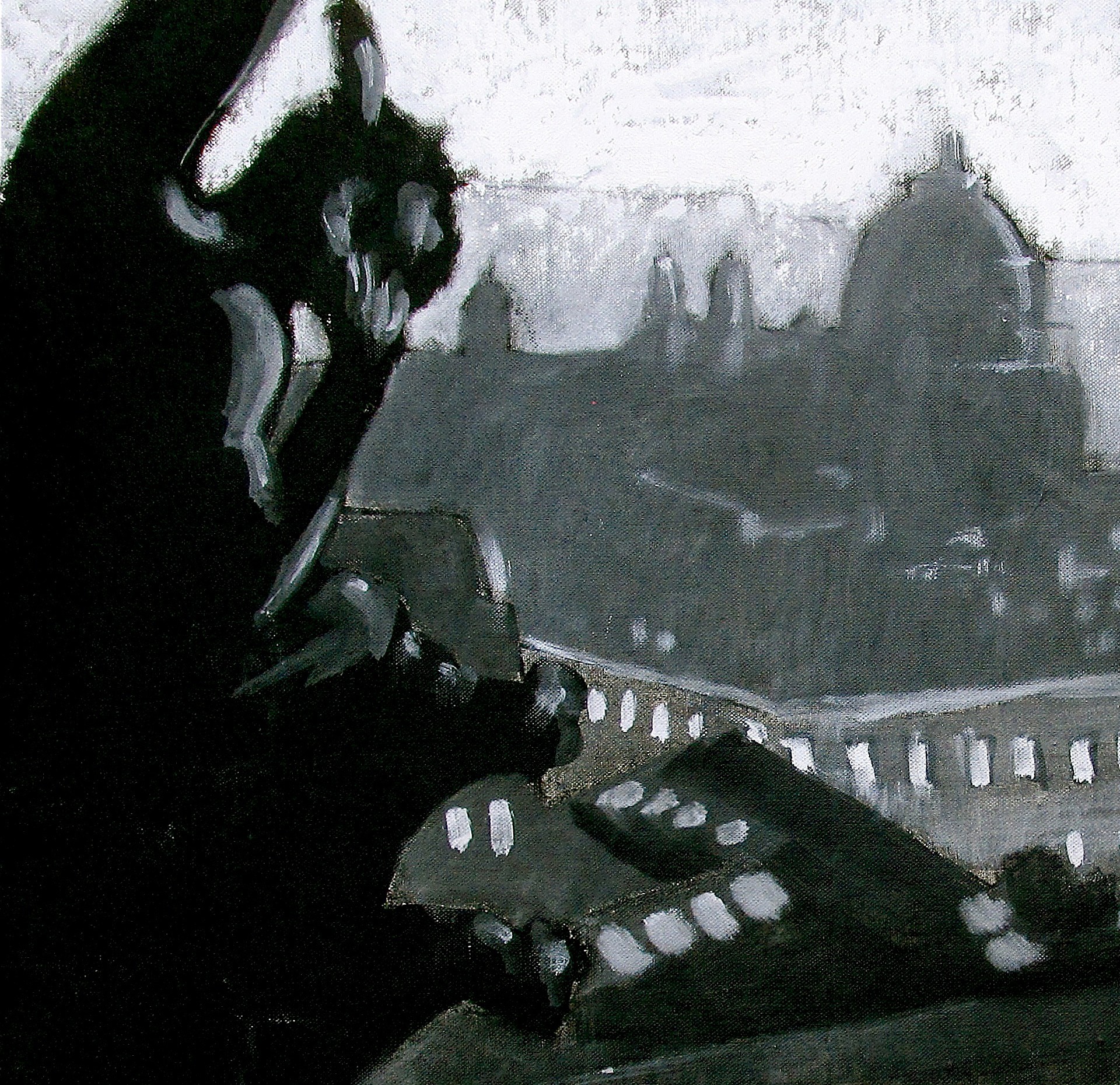 A black and white painting of a man playing a keyboard.