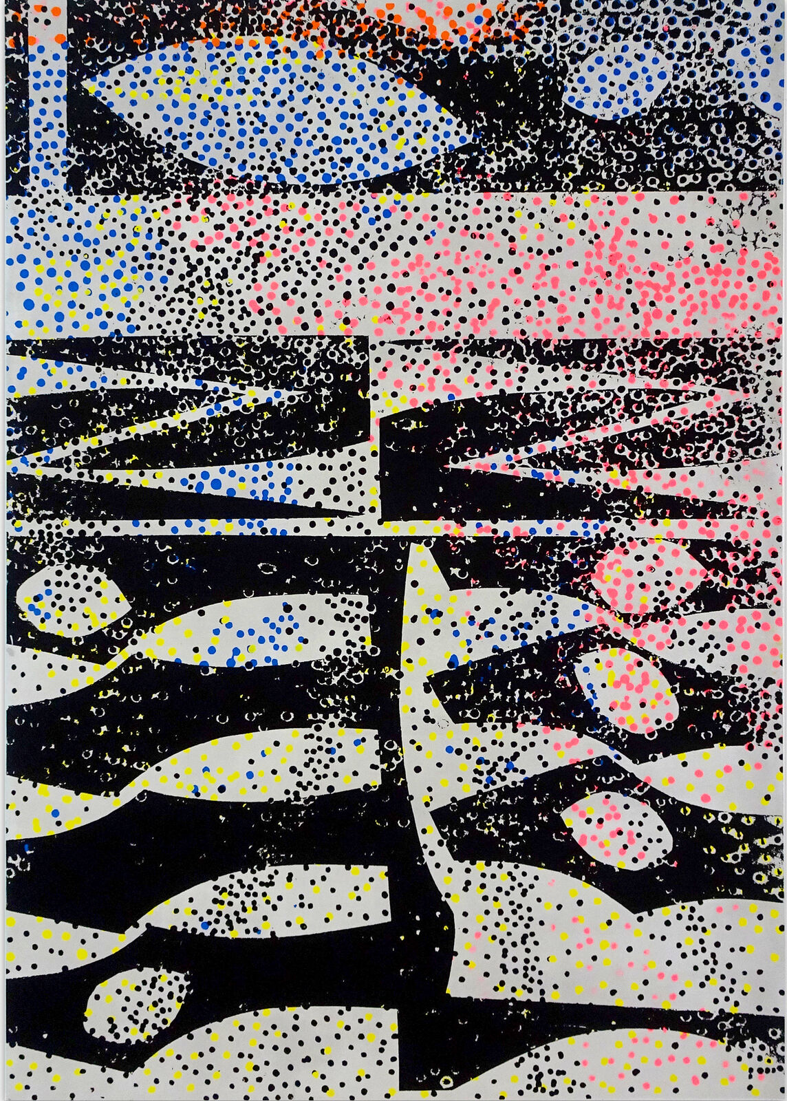 A black and white painting with dots on it.