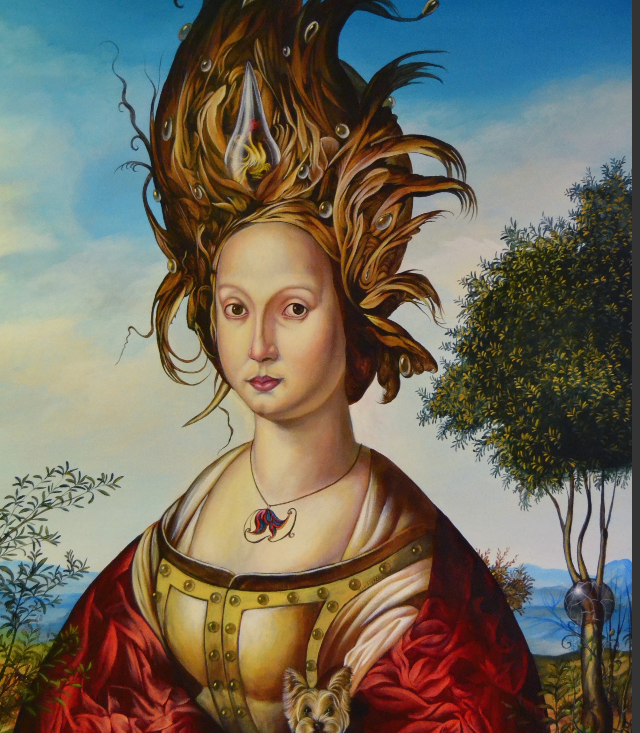 A painting of a woman with a dog in her lap.