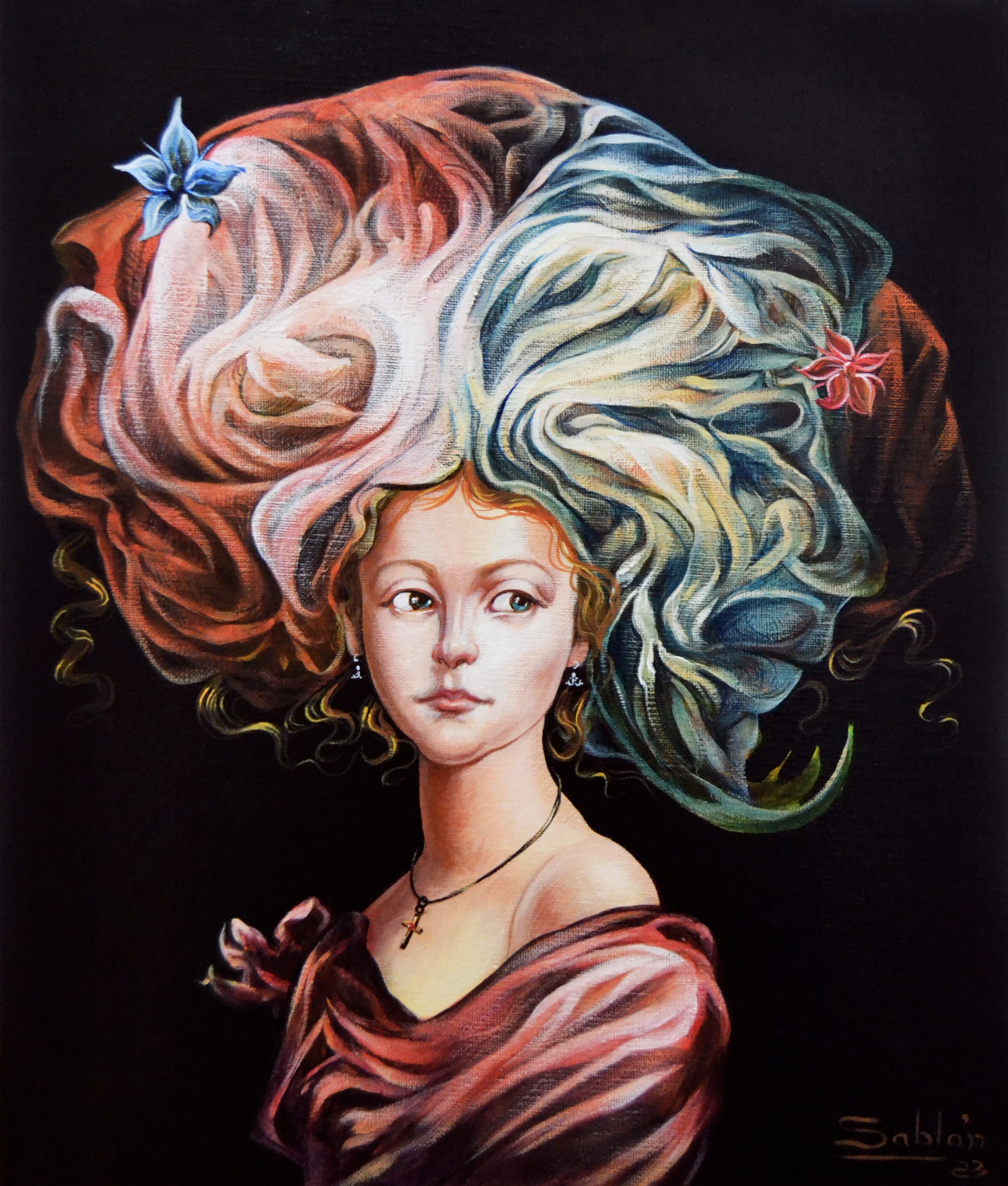 A painting of a woman with a flower in her hair.