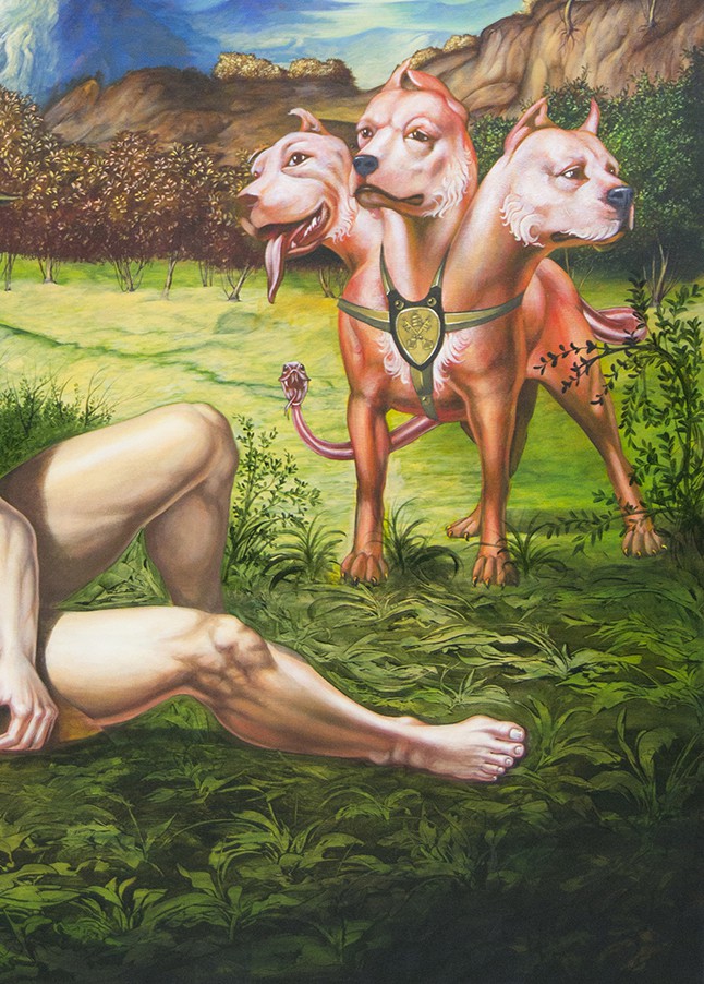 A painting of a woman and two dogs in a field.