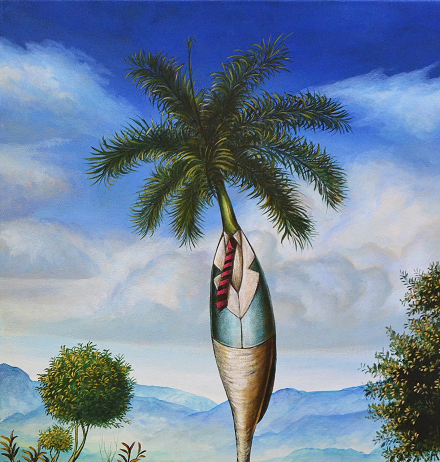 A painting of a palm tree with a surfboard on it.