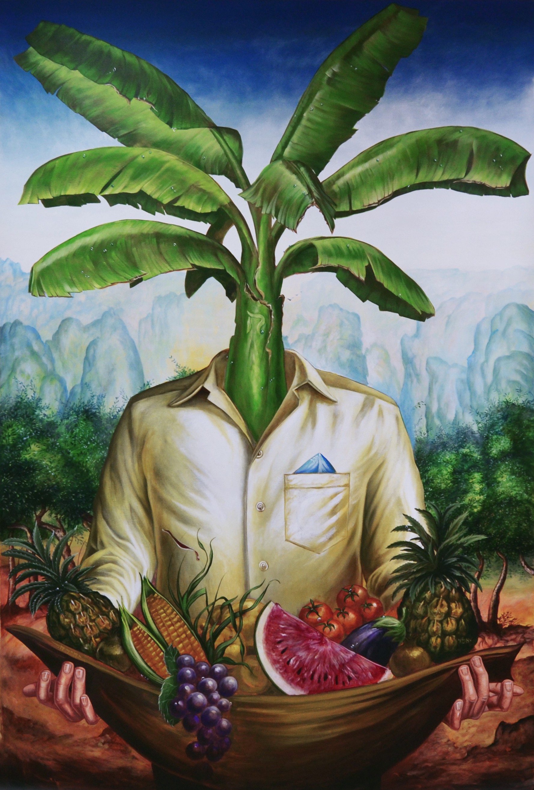A painting of a man holding a bowl of fruit and a banana tree.