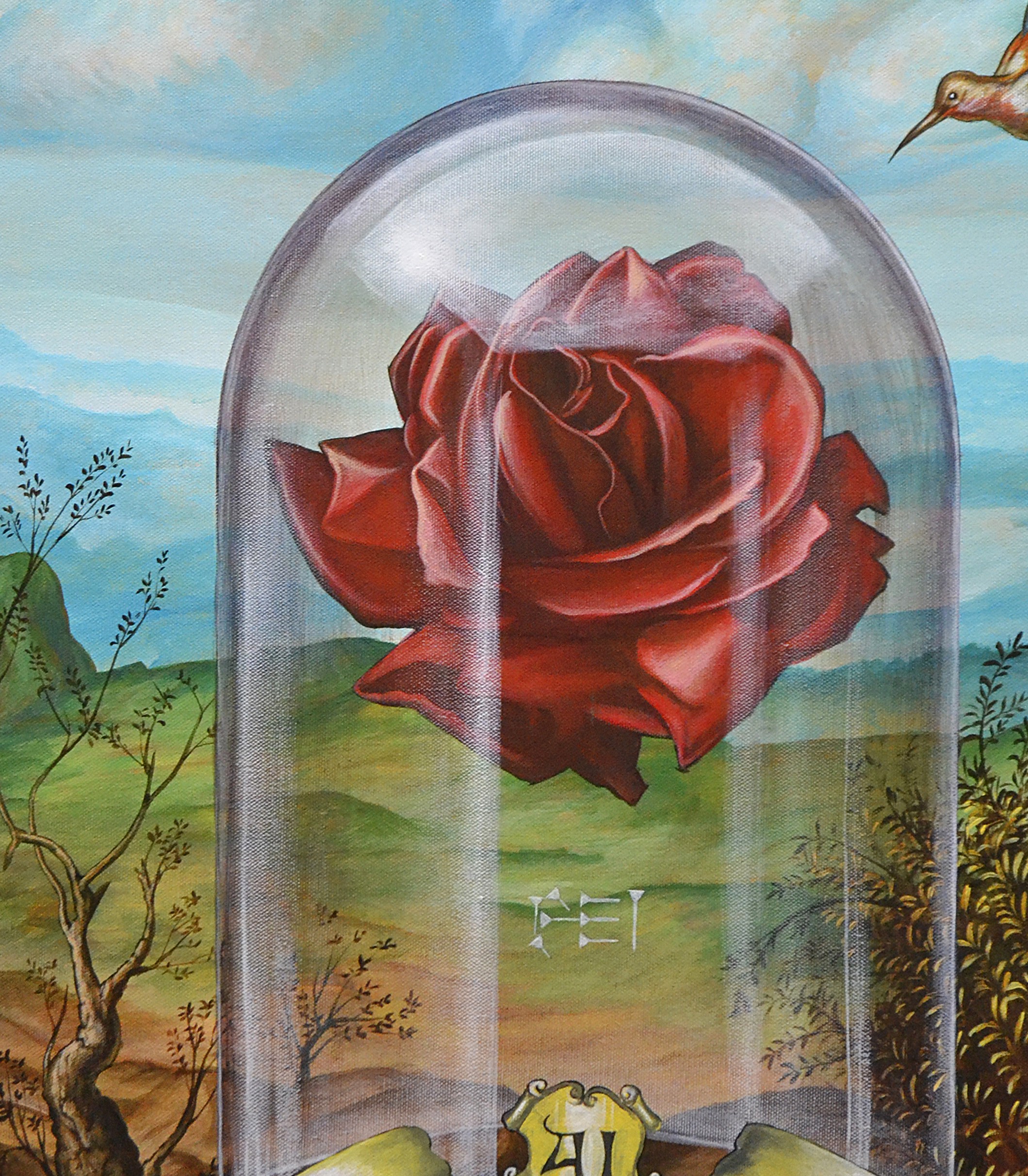 A painting of a red rose in a glass dome with a hummingbird flying above it.