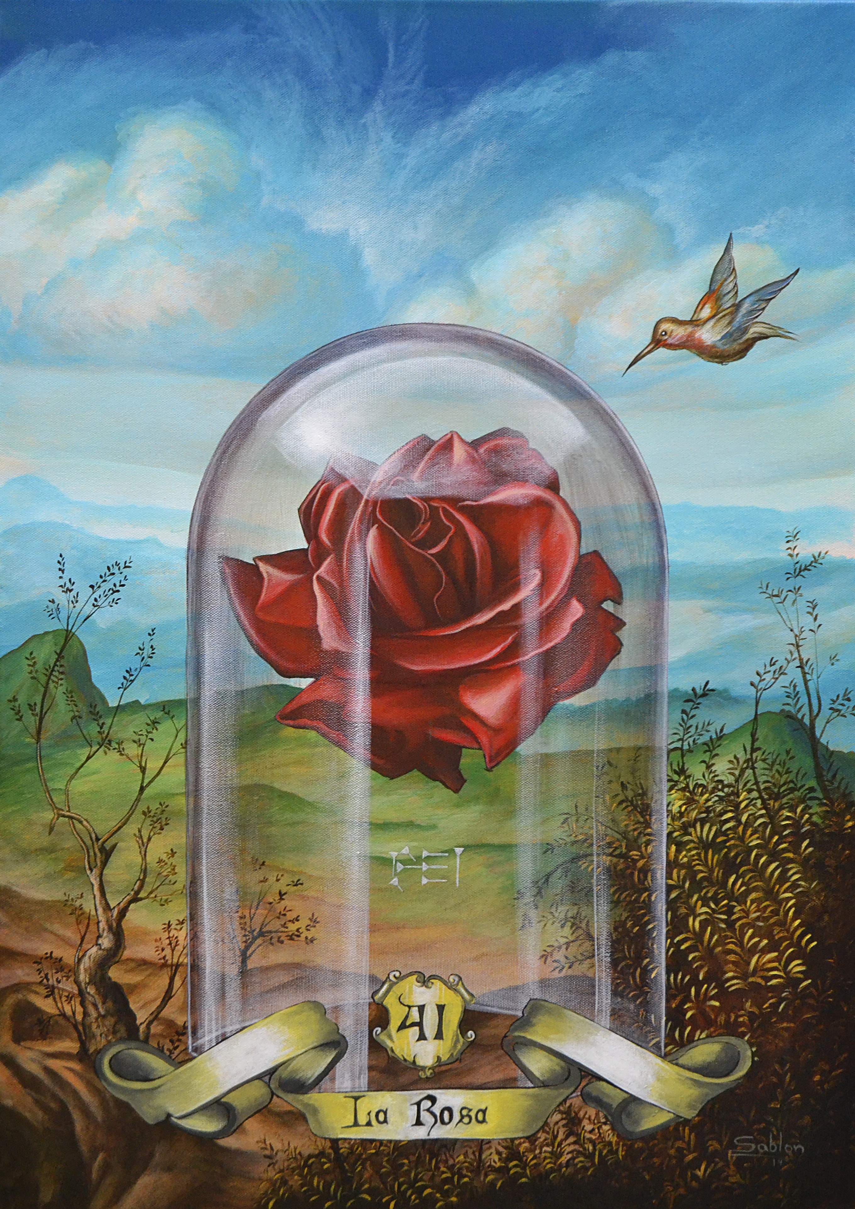 A painting of a red rose in a glass dome with a hummingbird flying above it.