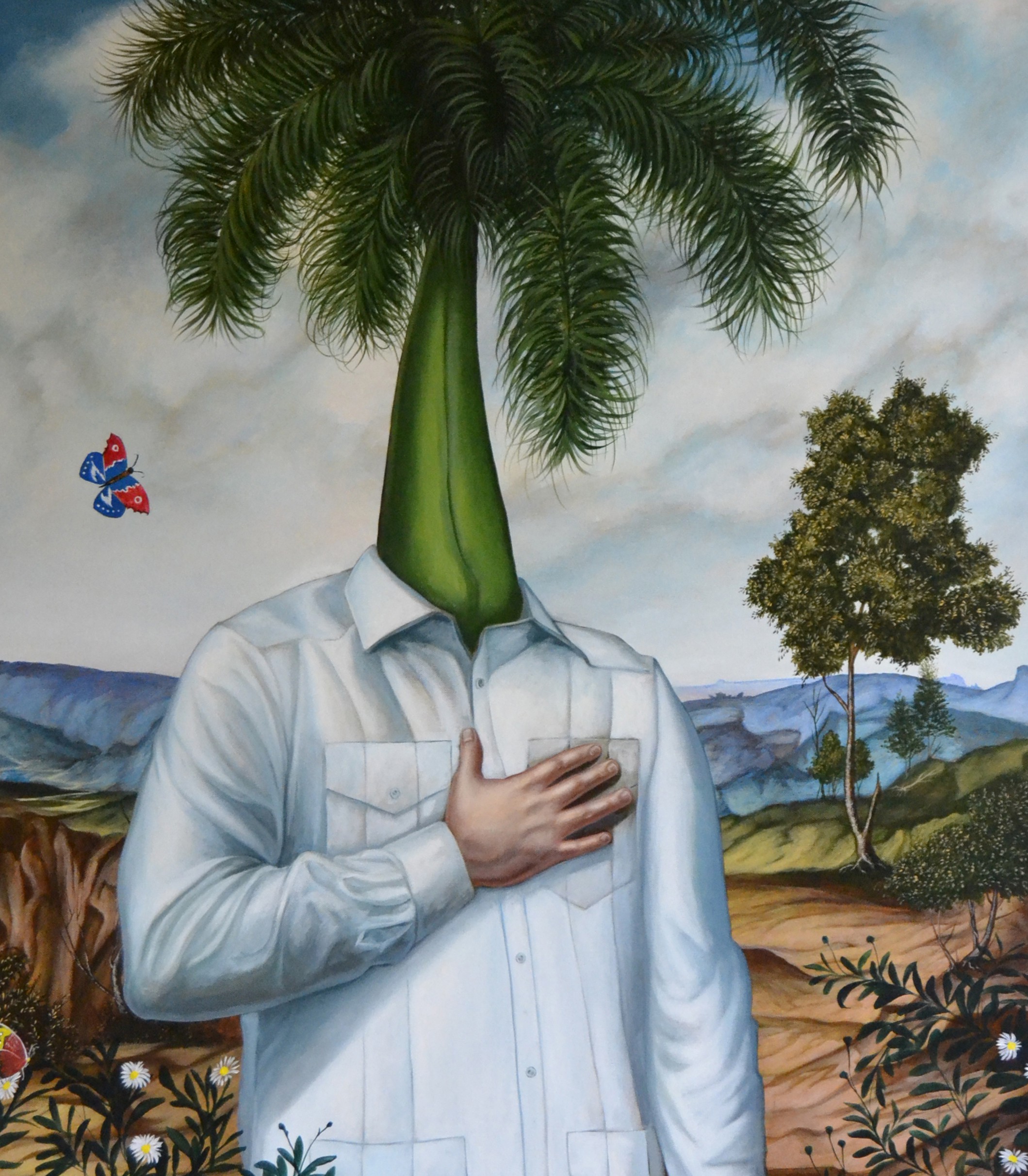 A painting of a man with a palm tree on his head.