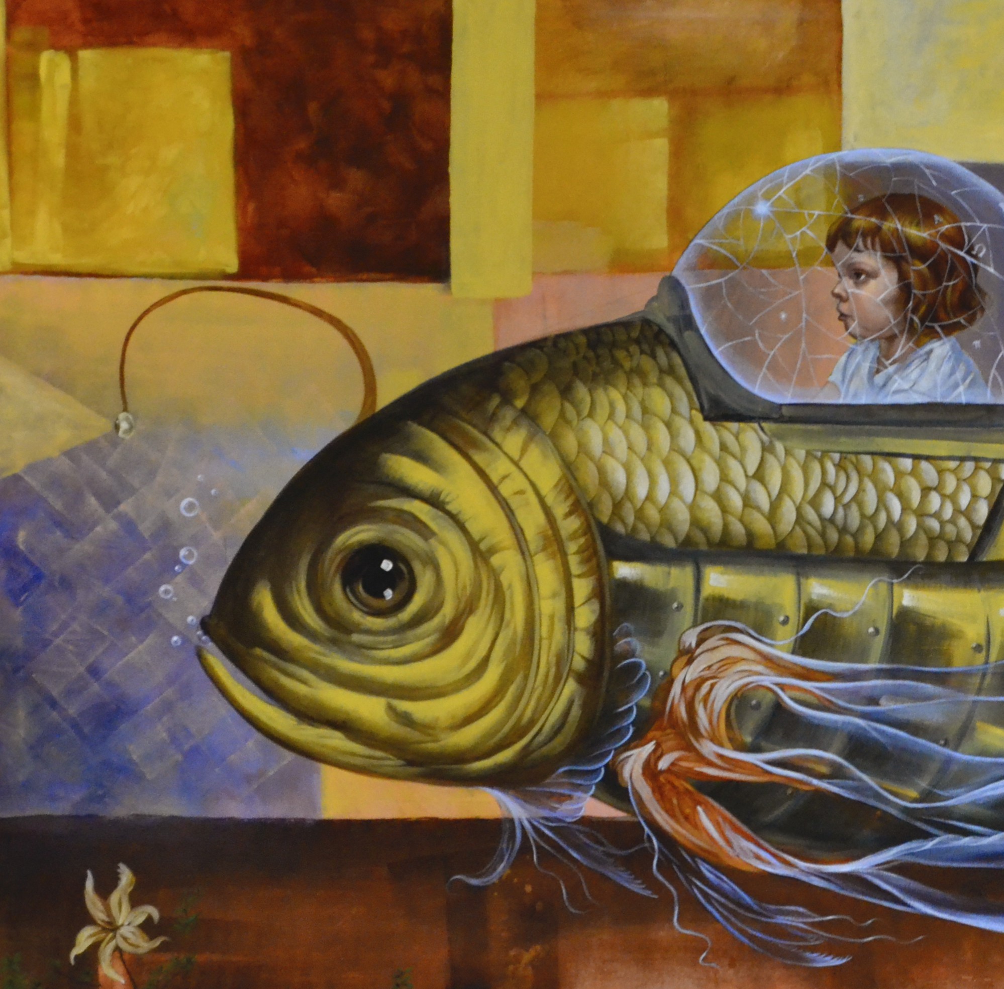 A painting of a child in a submarine with a fish in it.