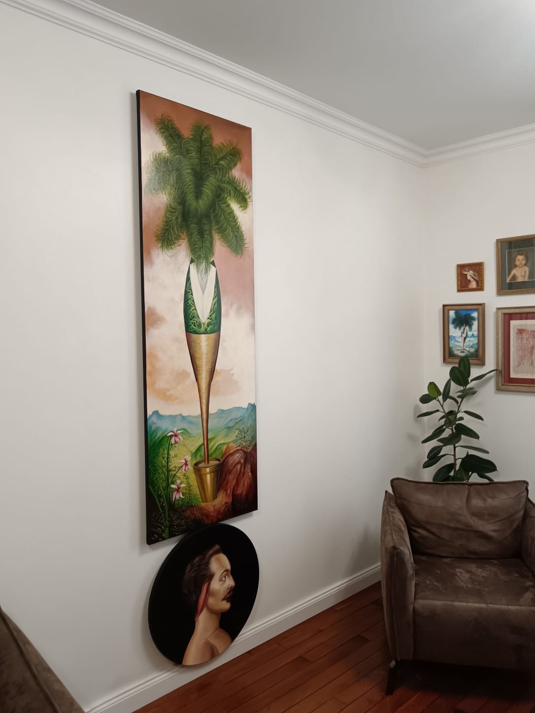 A painting of a palm tree with green feathers on it.