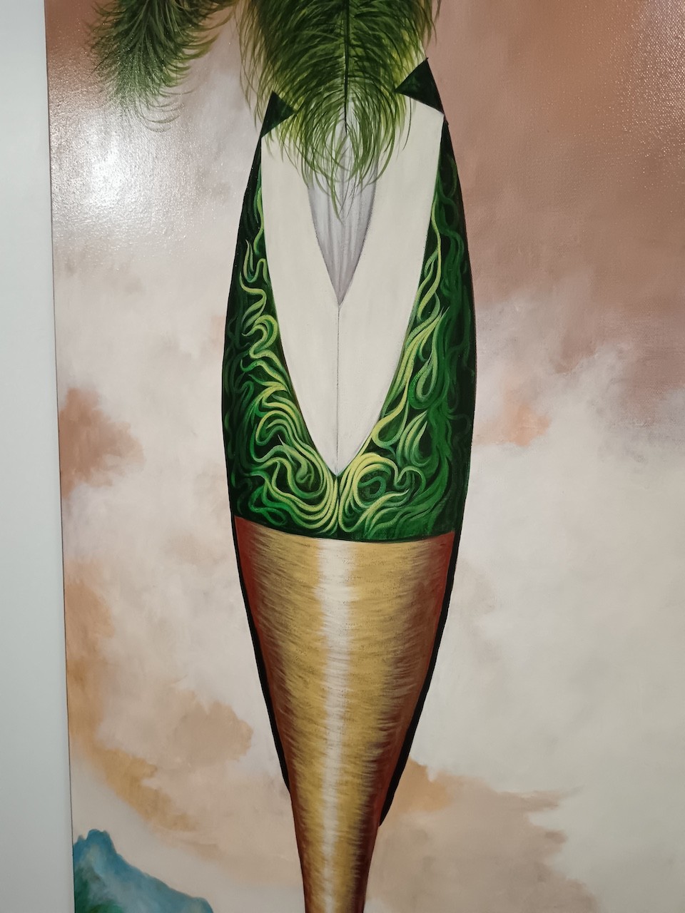 A painting of a palm tree with green feathers on it.