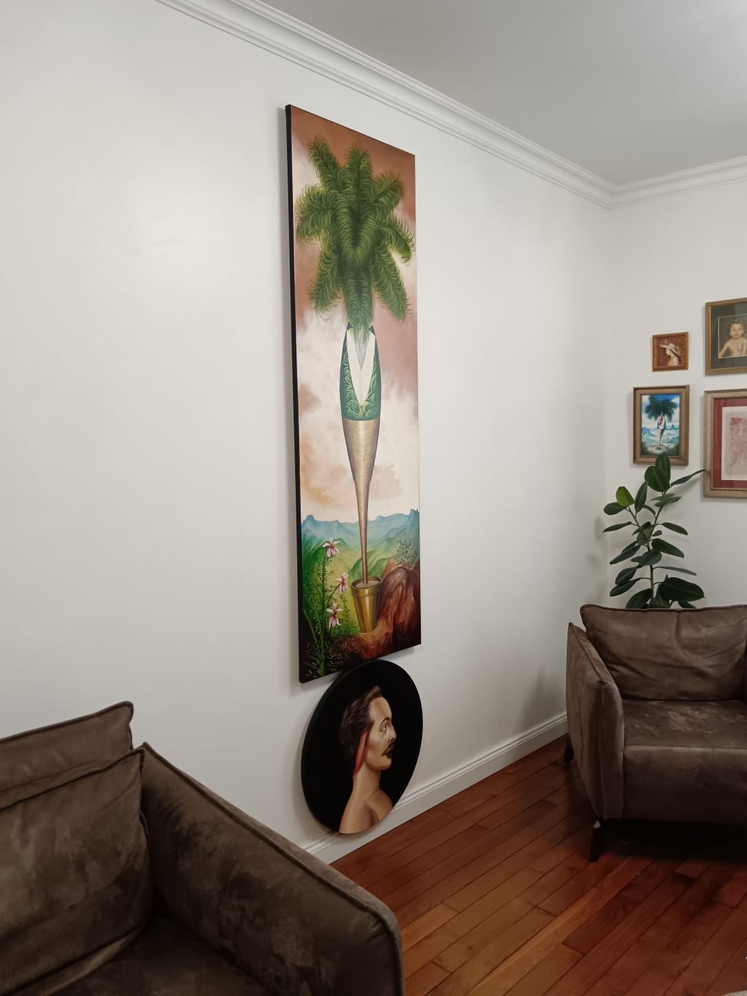 A painting of a palm tree with green feathers on it.
