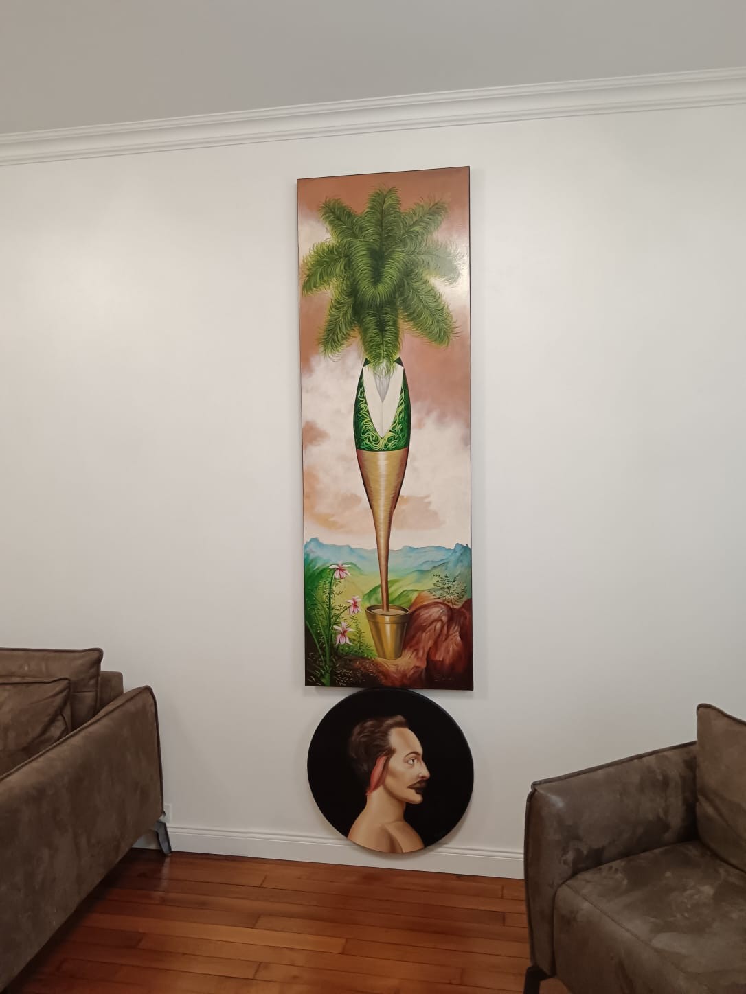 A painting of a palm tree with green feathers on it.