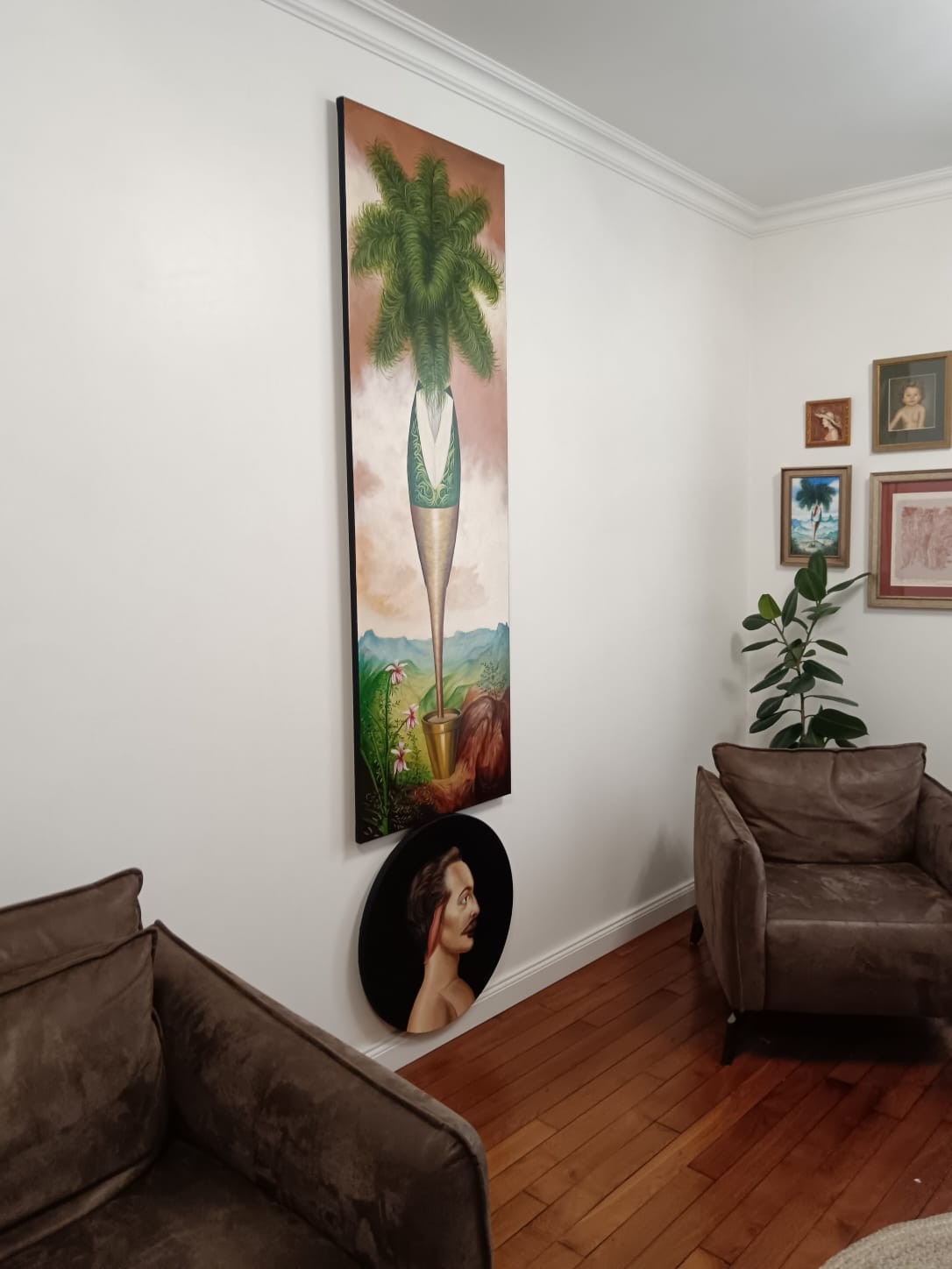 A painting of a palm tree with green feathers on it.