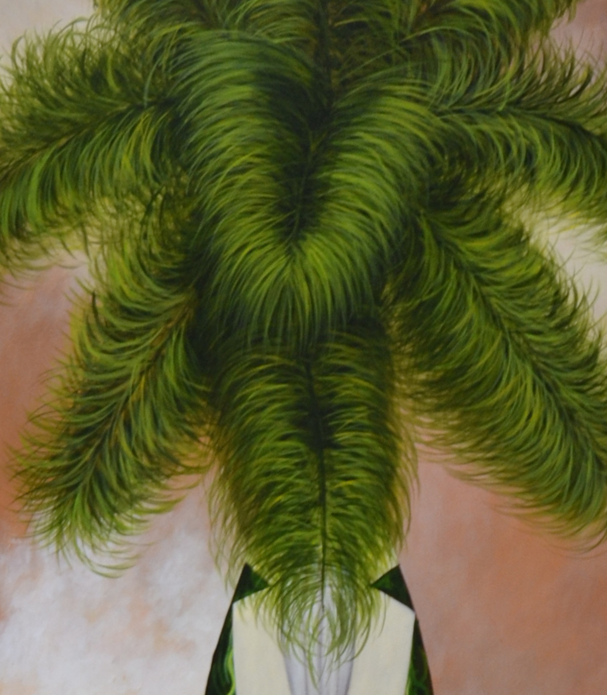 A painting of a palm tree with green feathers on it.