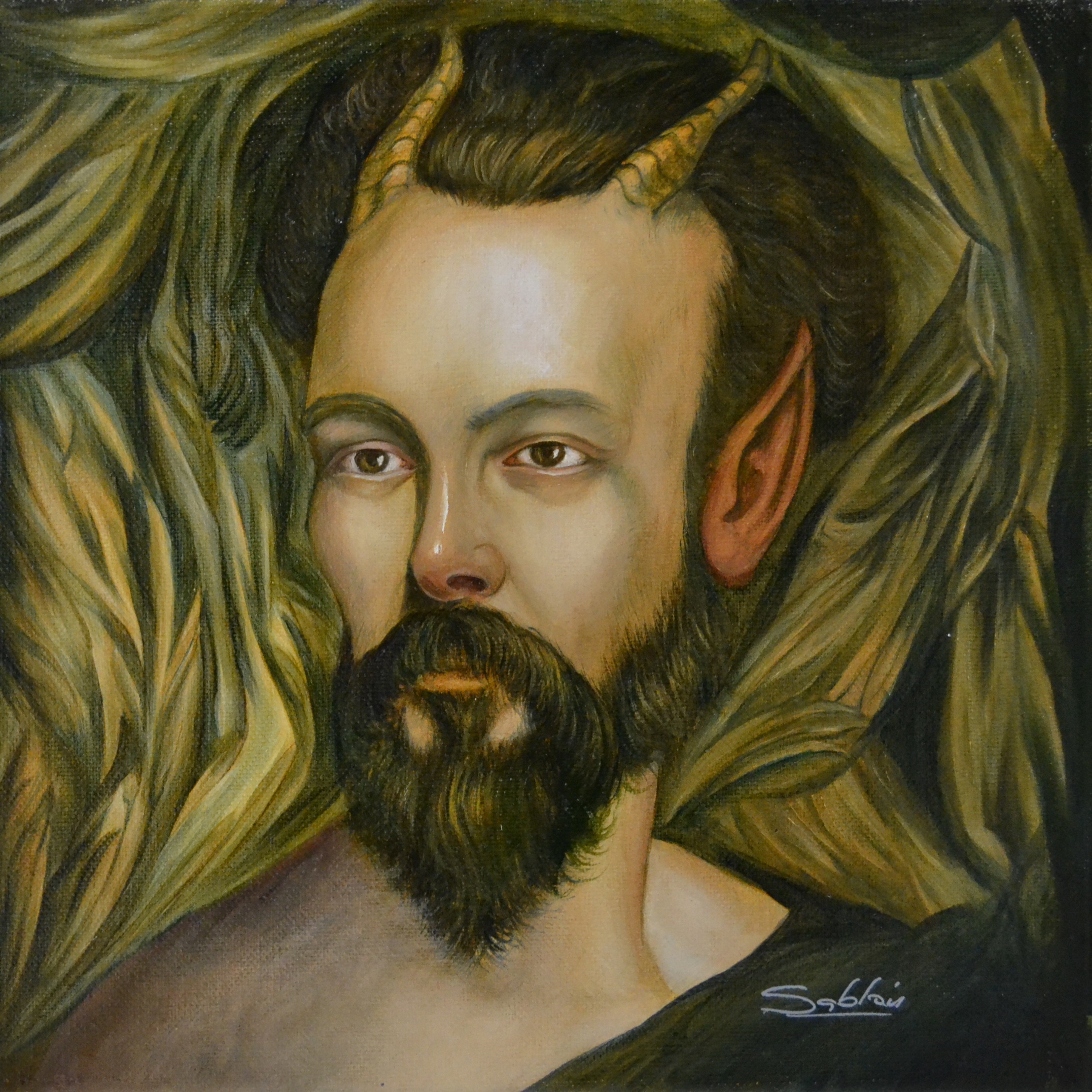 A painting of a man with horns on his head.