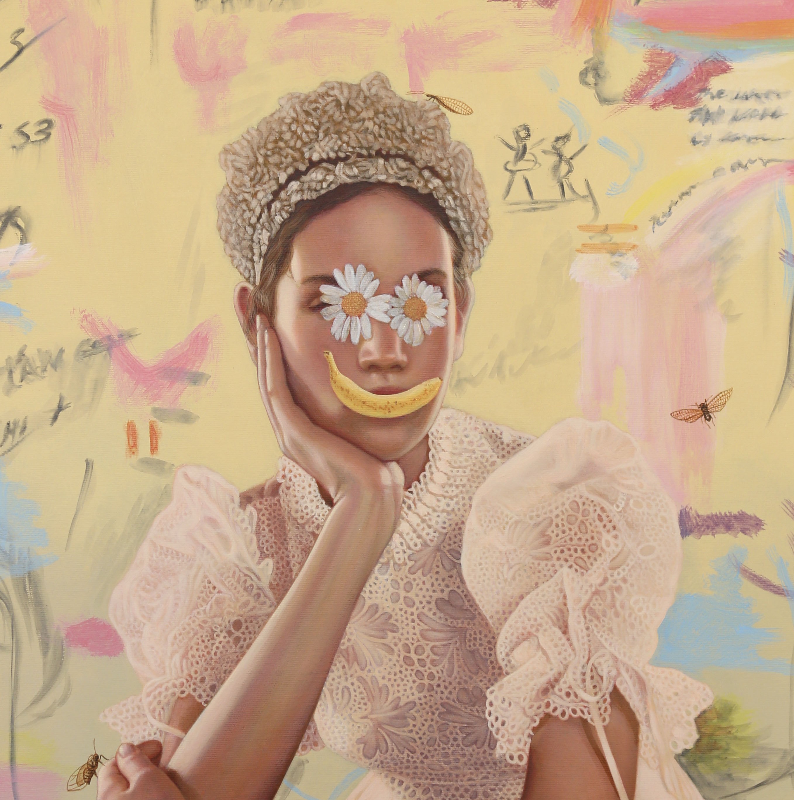 A painting of a woman with a smiley face painted on her face.