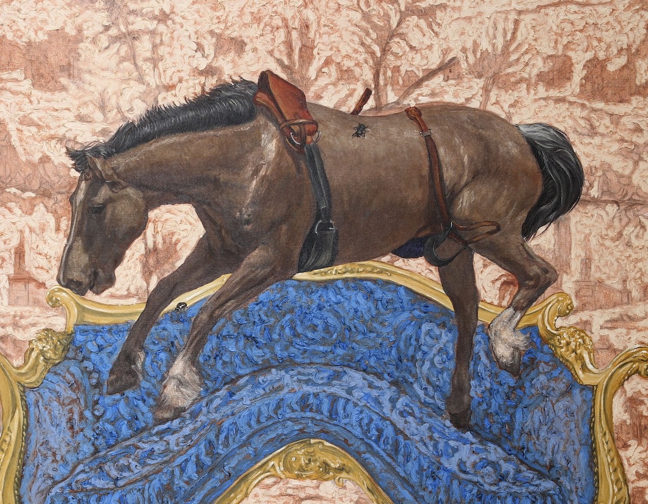 A painting of a horse on a couch in a room.