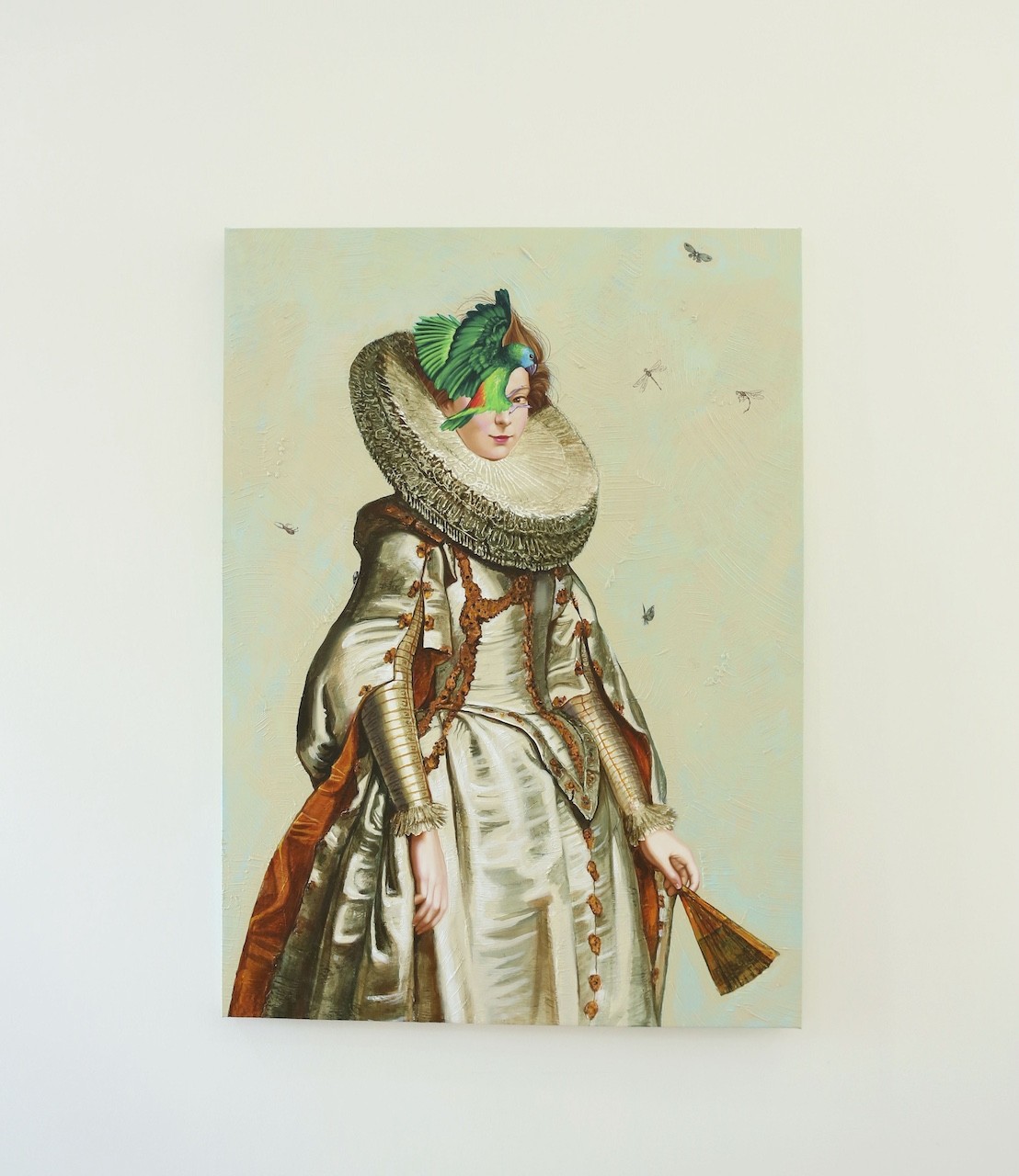 A painting of a woman in a white dress and a green hat.