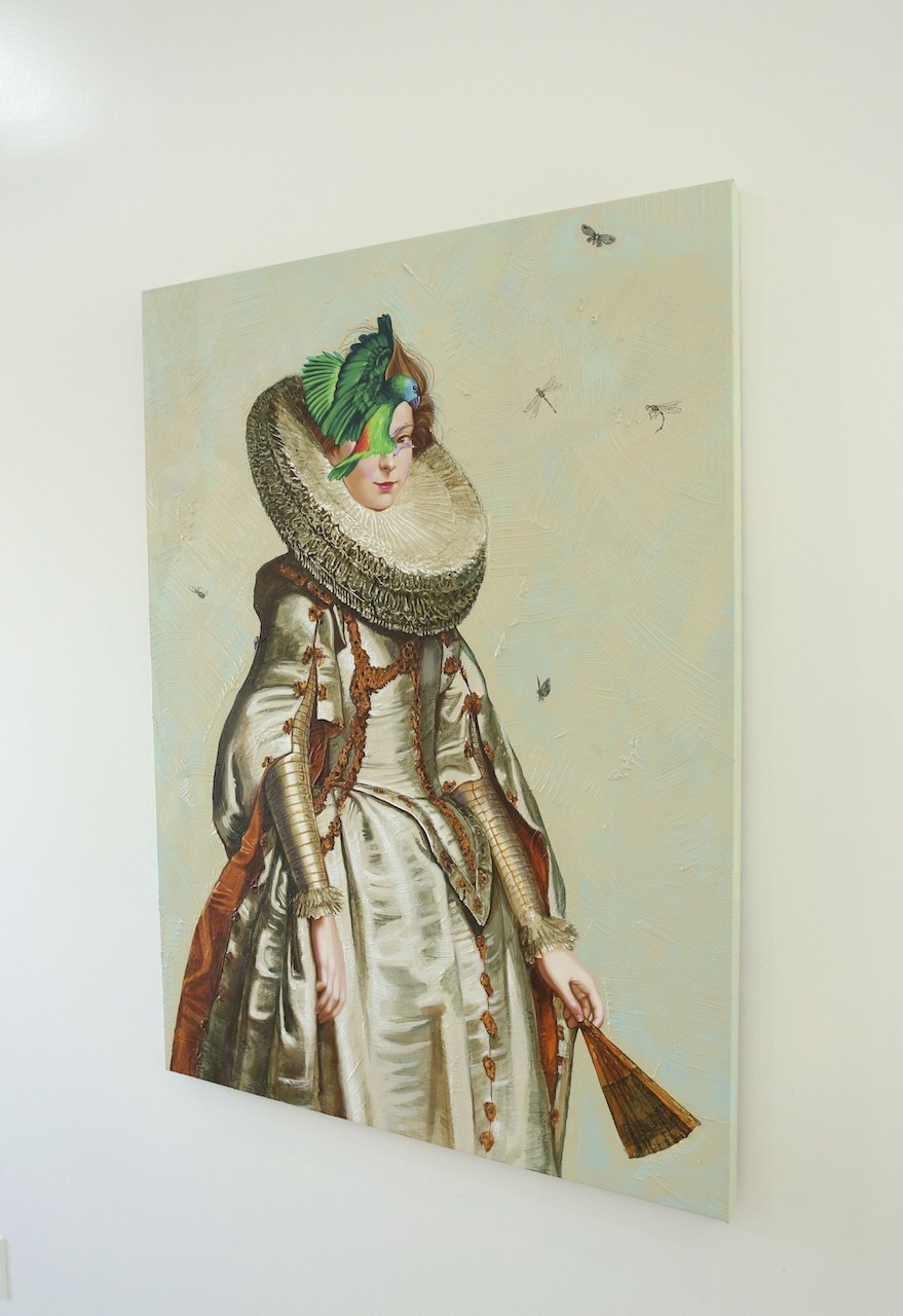 A painting of a woman in a white dress and a green hat.