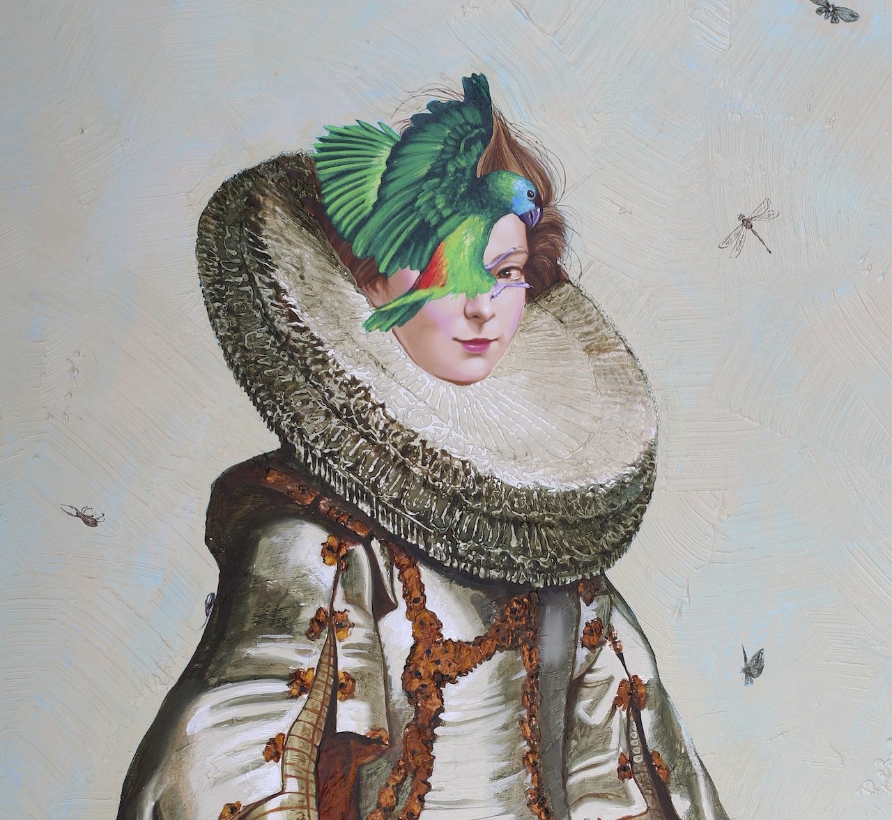 A painting of a woman in a white dress and a green hat.