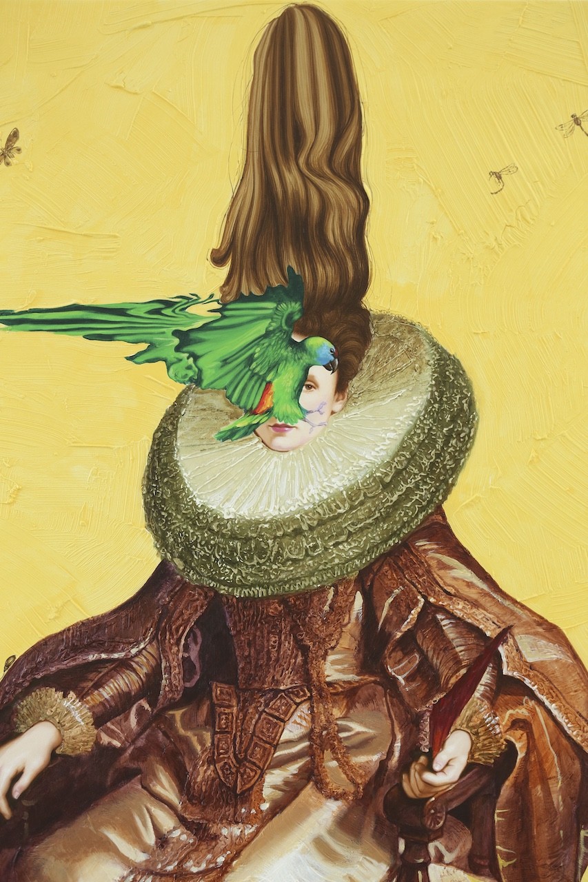 A painting of a woman with a bird on her head.