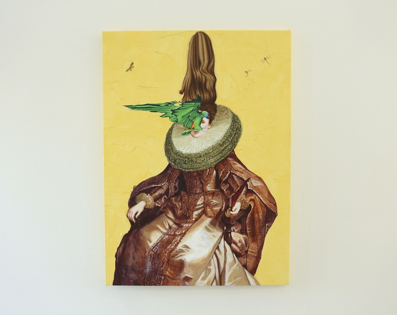 A painting of a woman with a bird on her head.