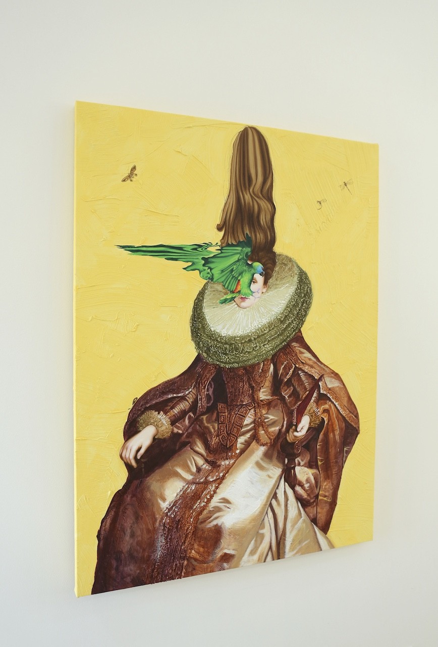 A painting of a woman with a bird on her head.