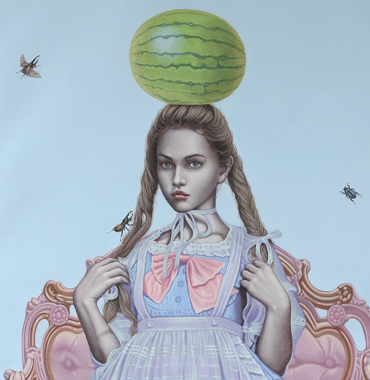 A painting of a girl sitting on a chair with a watermelon on her head.