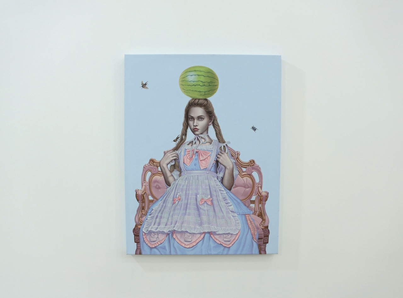 A painting of a girl sitting on a chair with a watermelon on her head.