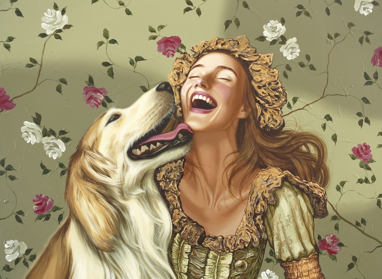 A painting of a woman and her dog in a floral background.
