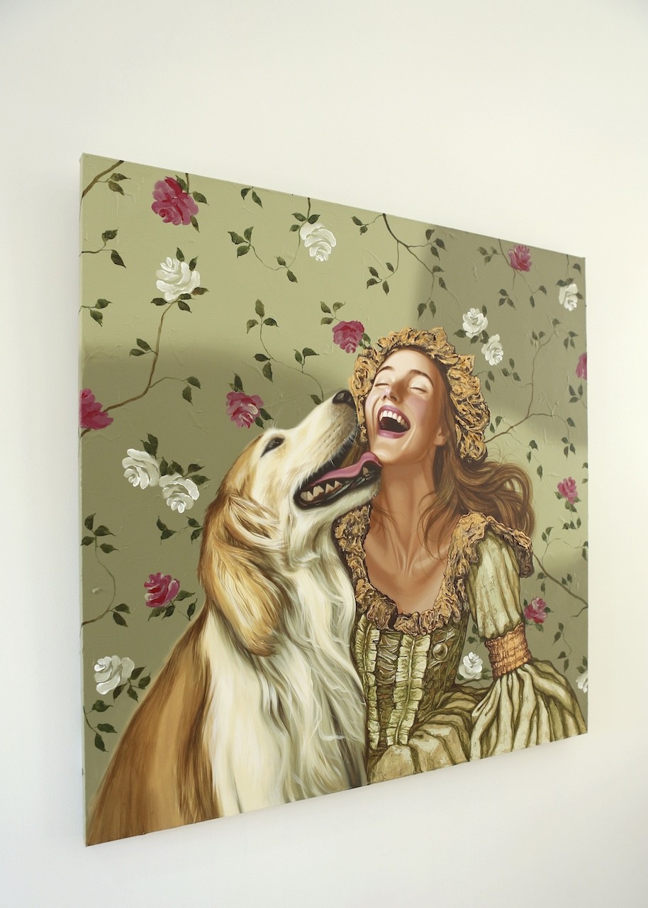 A painting of a woman and her dog in a floral background.