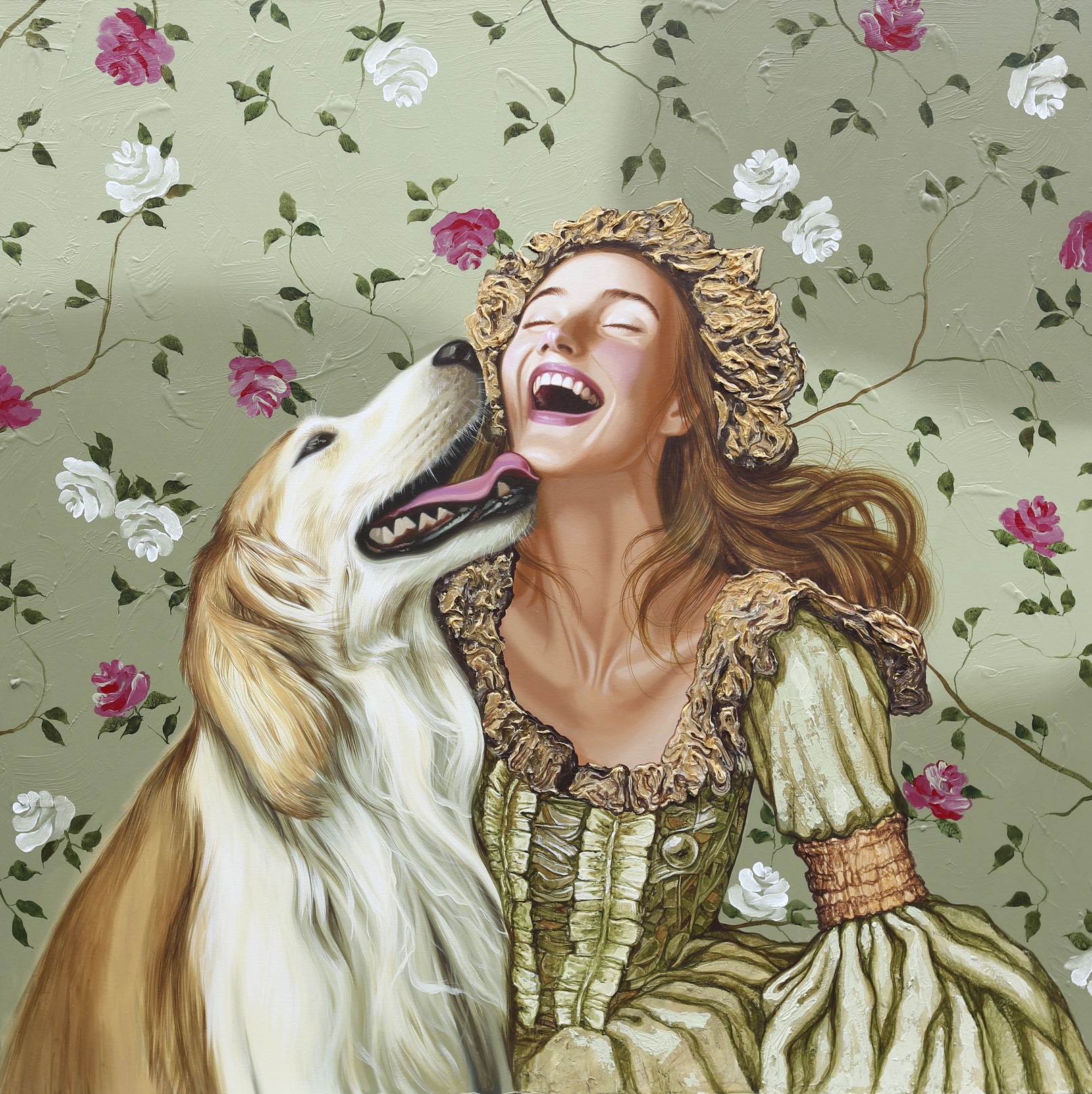 A painting of a woman and her dog in a floral background.