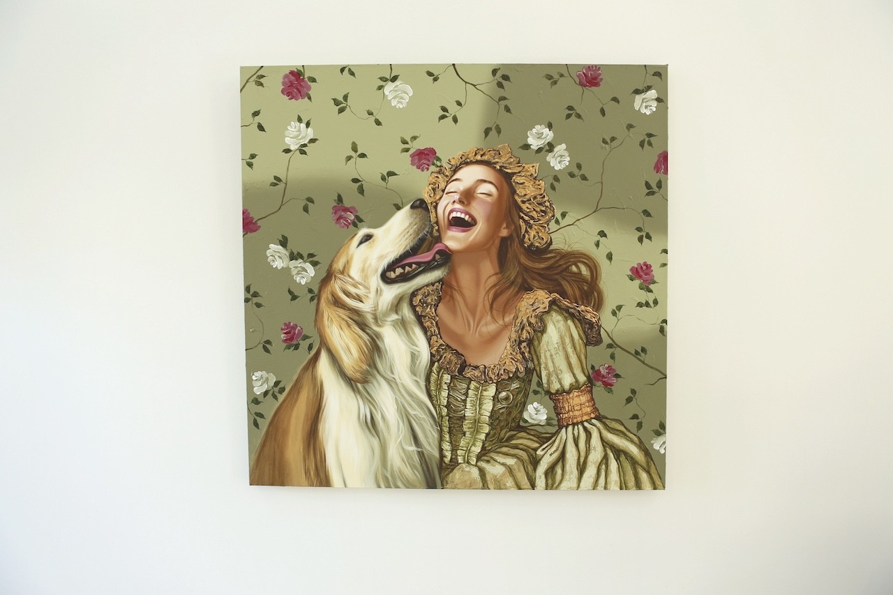 A painting of a woman and her dog in a floral background.