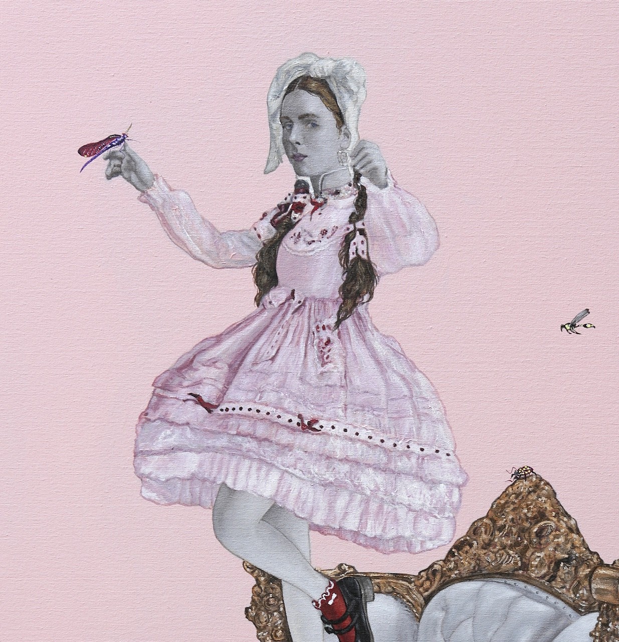 A painting of a woman in a pink dress sitting on a chair.