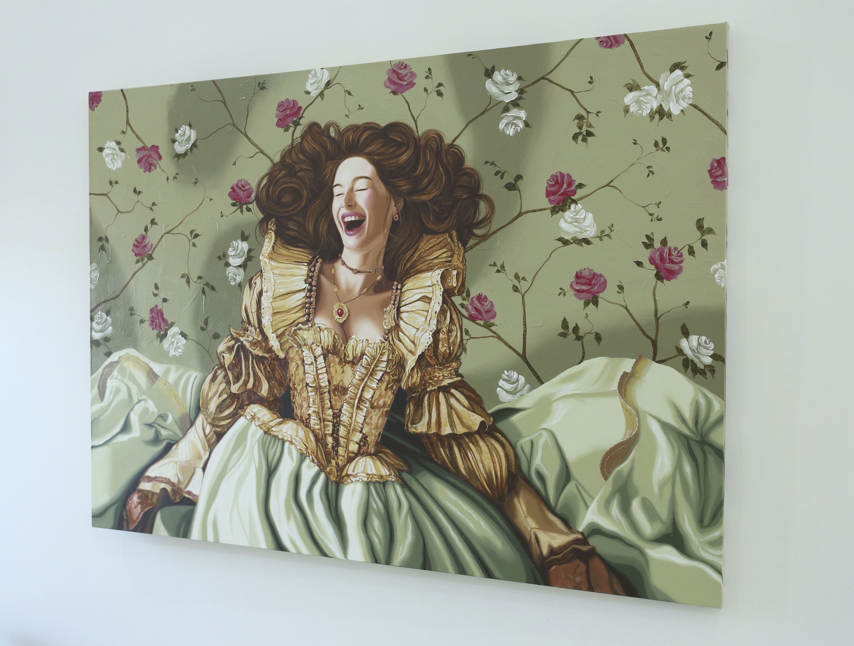 A painting of a woman in a green dress sitting on a bed.