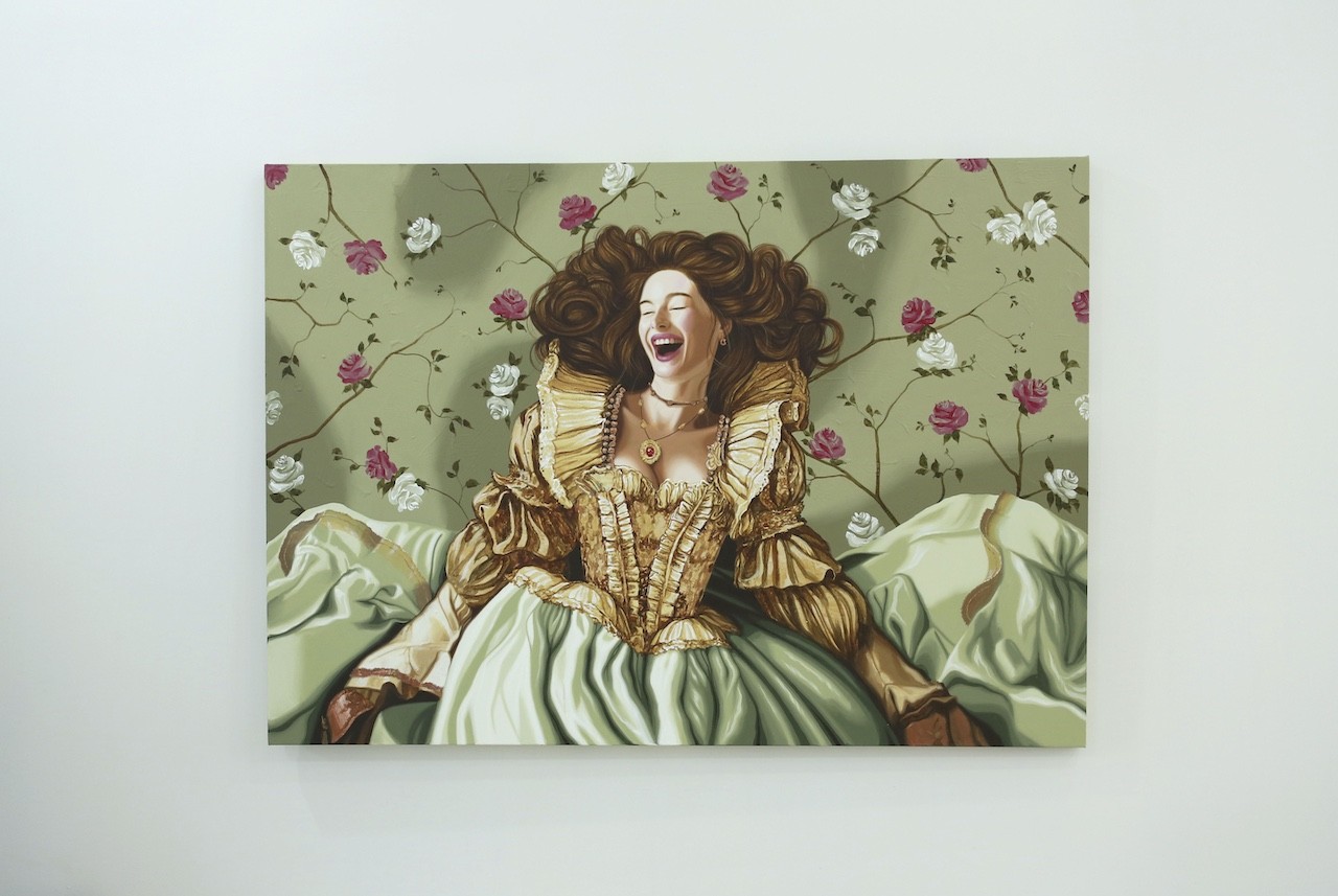 A painting of a woman in a green dress sitting on a bed.