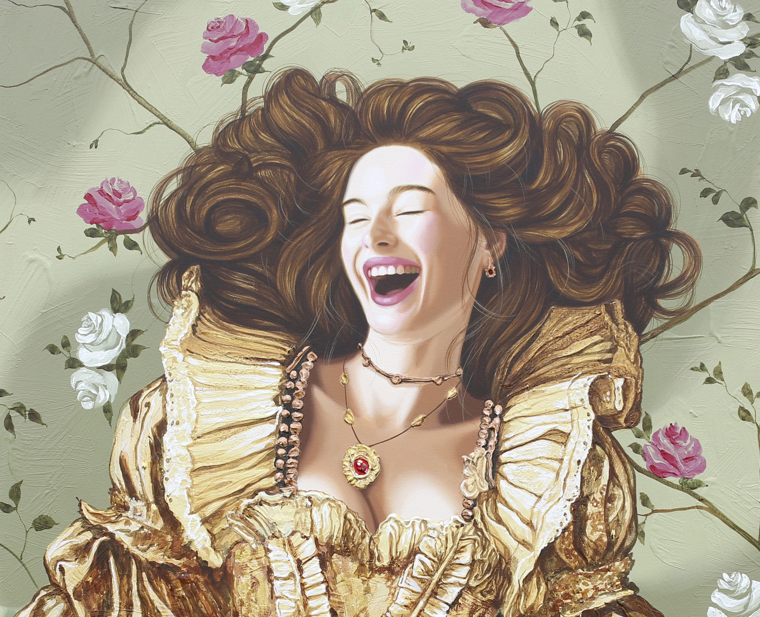 A painting of a woman in a green dress sitting on a bed.