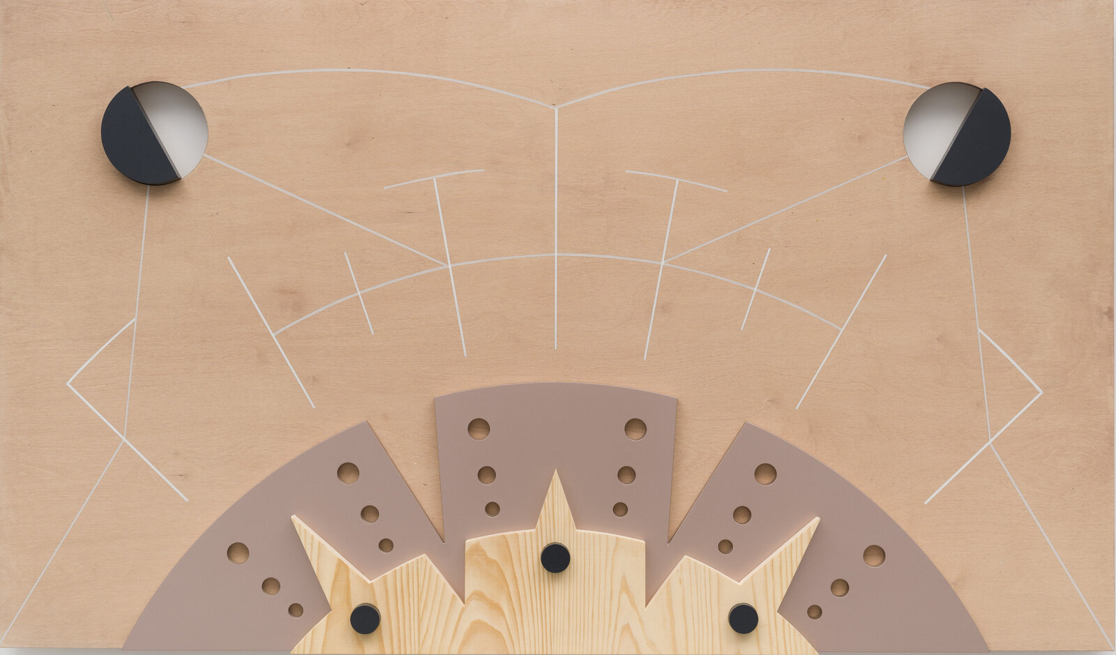 A geometric composition of layered wooden shapes and abstract lines.