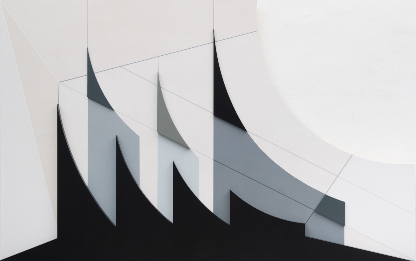 A minimalist architectural study featuring layered geometric planes in a monochromatic palette.